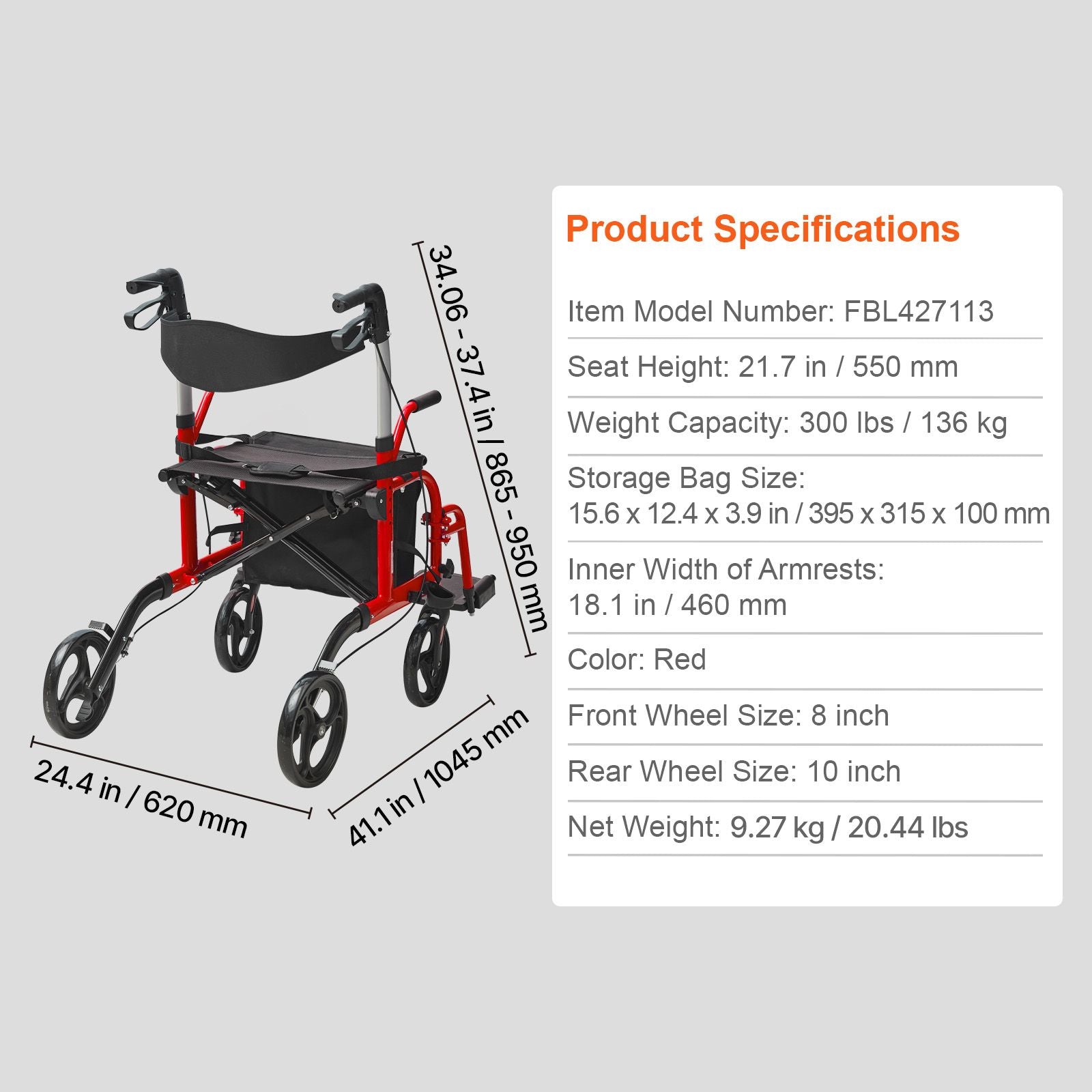 2 in 1 Rollator Walker & Transport Chair for Seniors, Folding Rolling Walker Wheelchair Combo & Footrests, Lightweight Aluminum Mobility Walker with Adjustable Handle, All Terrain Wheels, 136KG