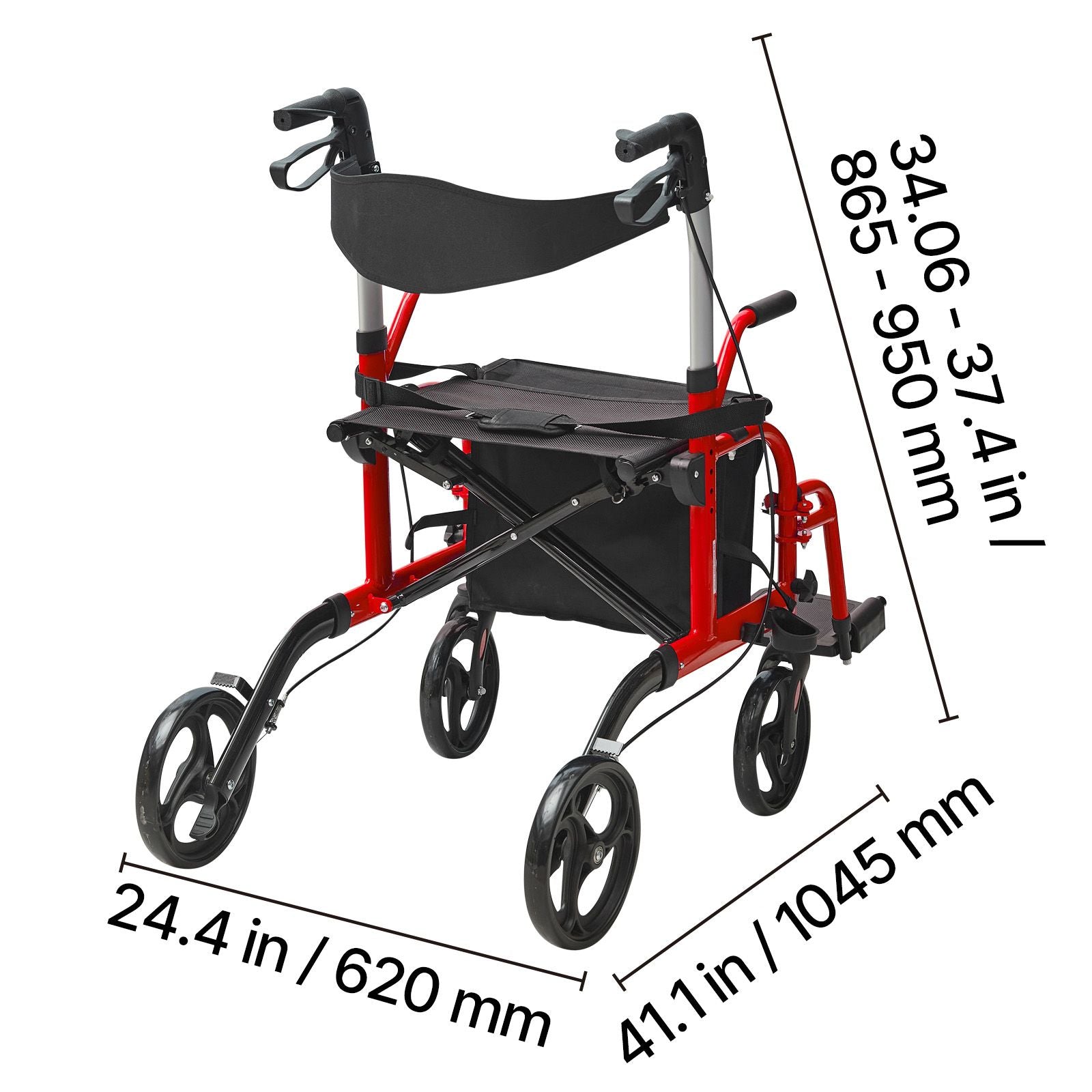 2 in 1 Rollator Walker & Transport Chair for Seniors, Folding Rolling Walker Wheelchair Combo & Footrests, Lightweight Aluminum Mobility Walker with Adjustable Handle, All Terrain Wheels, 136KG