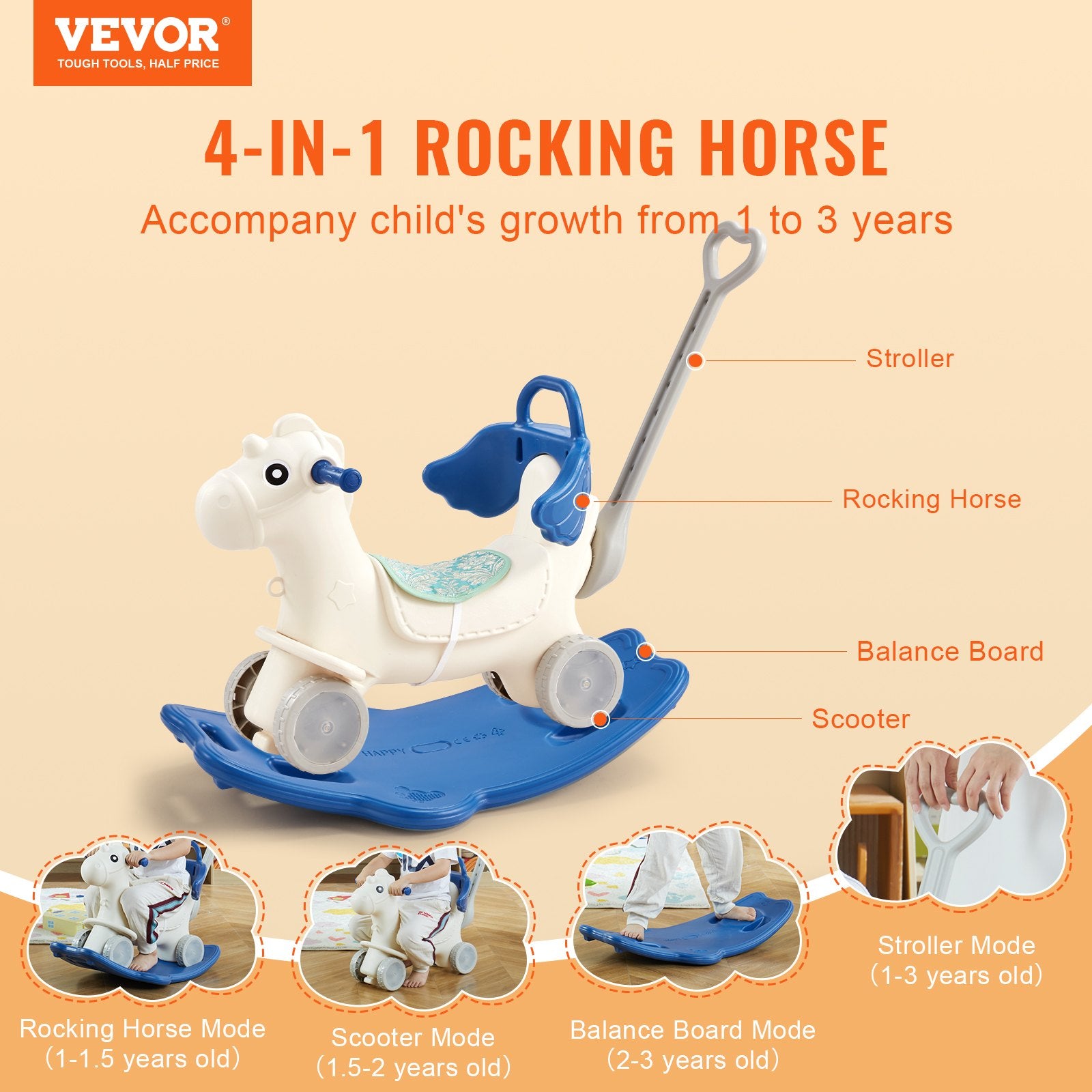 4 in 1 Rocking Horse for Toddlers 1-3 Years, Baby Rocking Horse with Detachable Balance Board, Push Handle and 4 Smooth Wheels, Support up to 80 lbs HDPE Kids Ride on Toy with Sound, Blue