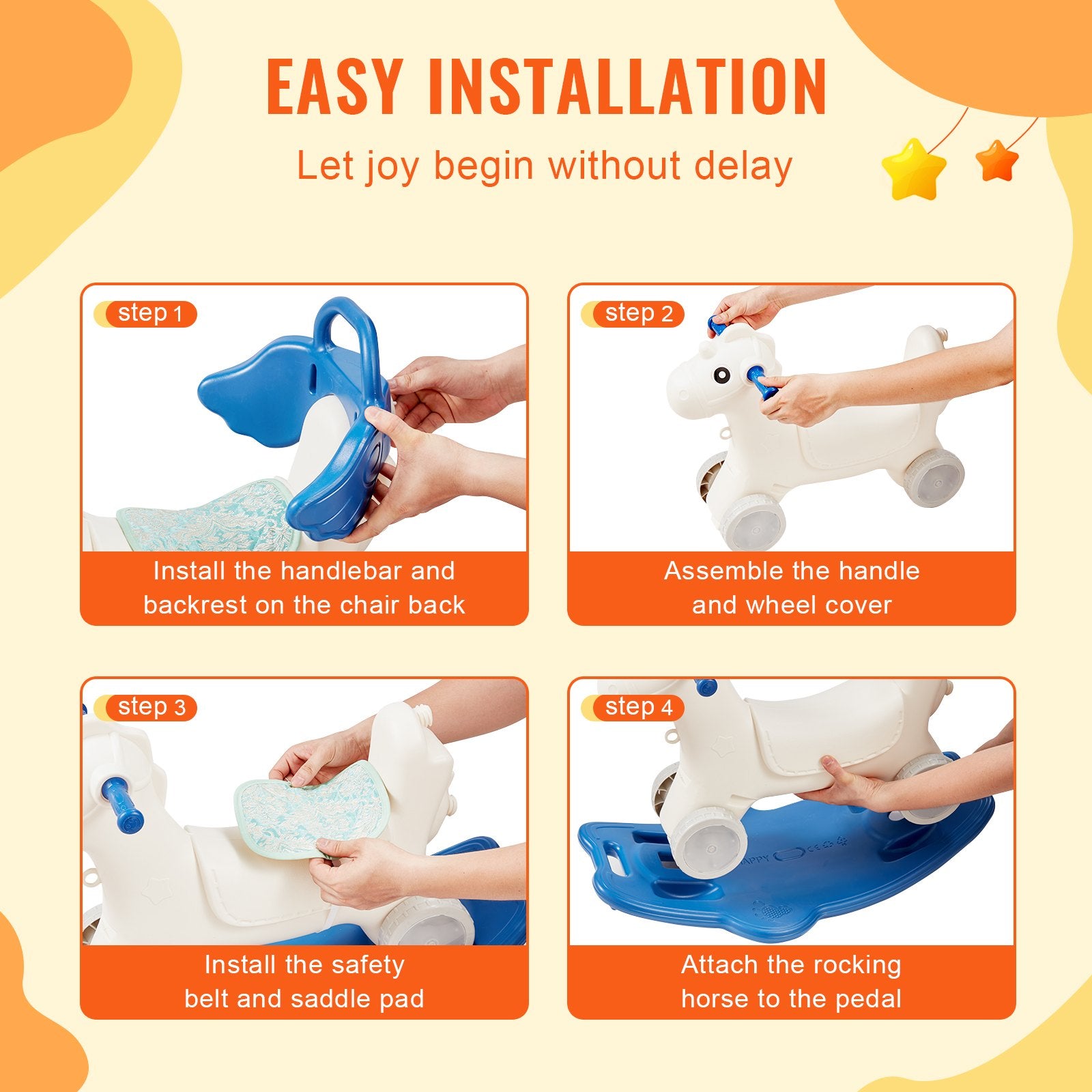 4 in 1 Rocking Horse for Toddlers 1-3 Years, Baby Rocking Horse with Detachable Balance Board, Push Handle and 4 Smooth Wheels, Support up to 80 lbs HDPE Kids Ride on Toy with Sound, Blue