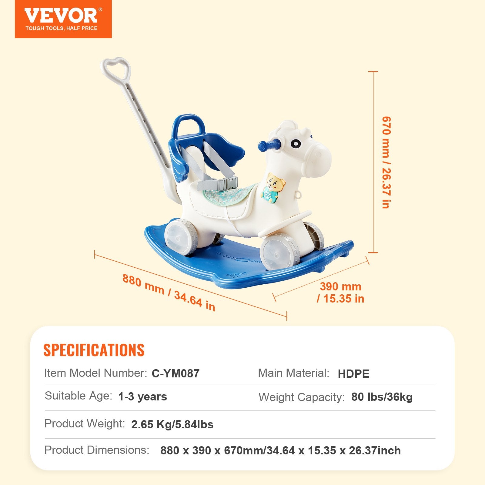 4 in 1 Rocking Horse for Toddlers 1-3 Years, Baby Rocking Horse with Detachable Balance Board, Push Handle and 4 Smooth Wheels, Support up to 80 lbs HDPE Kids Ride on Toy with Sound, Blue