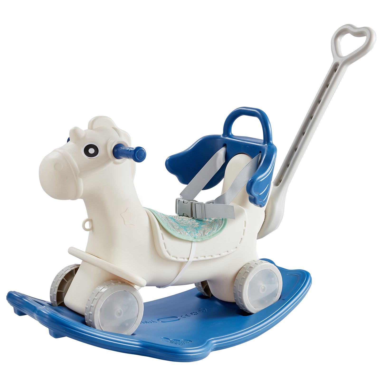 4 in 1 Rocking Horse for Toddlers 1-3 Years, Baby Rocking Horse with Detachable Balance Board, Push Handle and 4 Smooth Wheels, Support up to 80 lbs HDPE Kids Ride on Toy with Sound, Blue