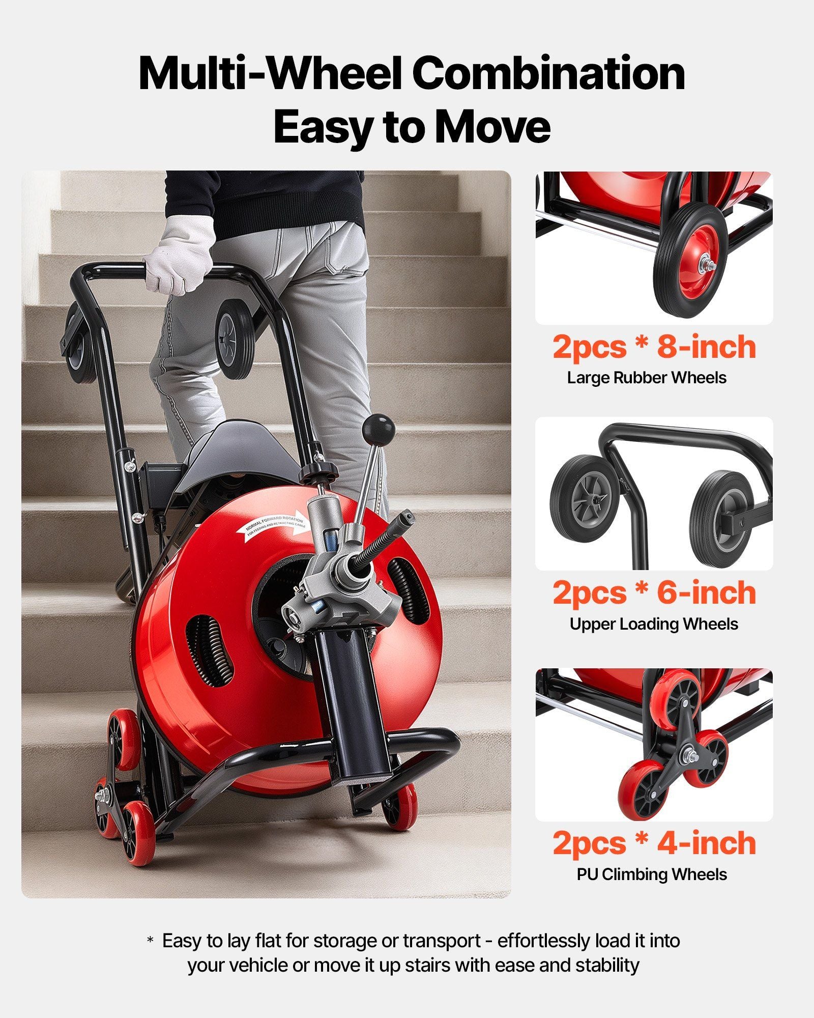 Drain Cleaner Machine 30m x 19mm, Auto Feed Sewer Snake Auger, Portable Drain Cleaning Machine with Multi-Wheel Combination, 6 Cutters & Air-Activated Foot Switch for 100mm to 200mm Pipes