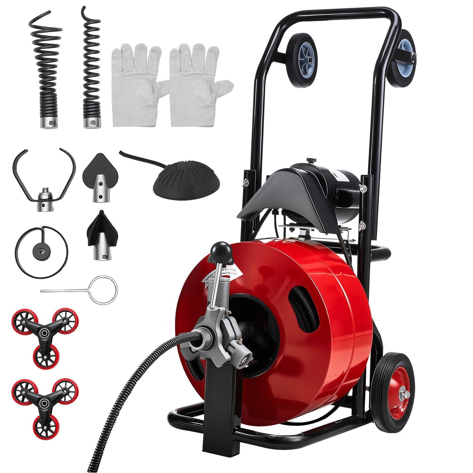 Drain Cleaner Machine 30m x 19mm, Auto Feed Sewer Snake Auger, Portable Drain Cleaning Machine with Multi-Wheel Combination, 6 Cutters & Air-Activated Foot Switch for 100mm to 200mm Pipes