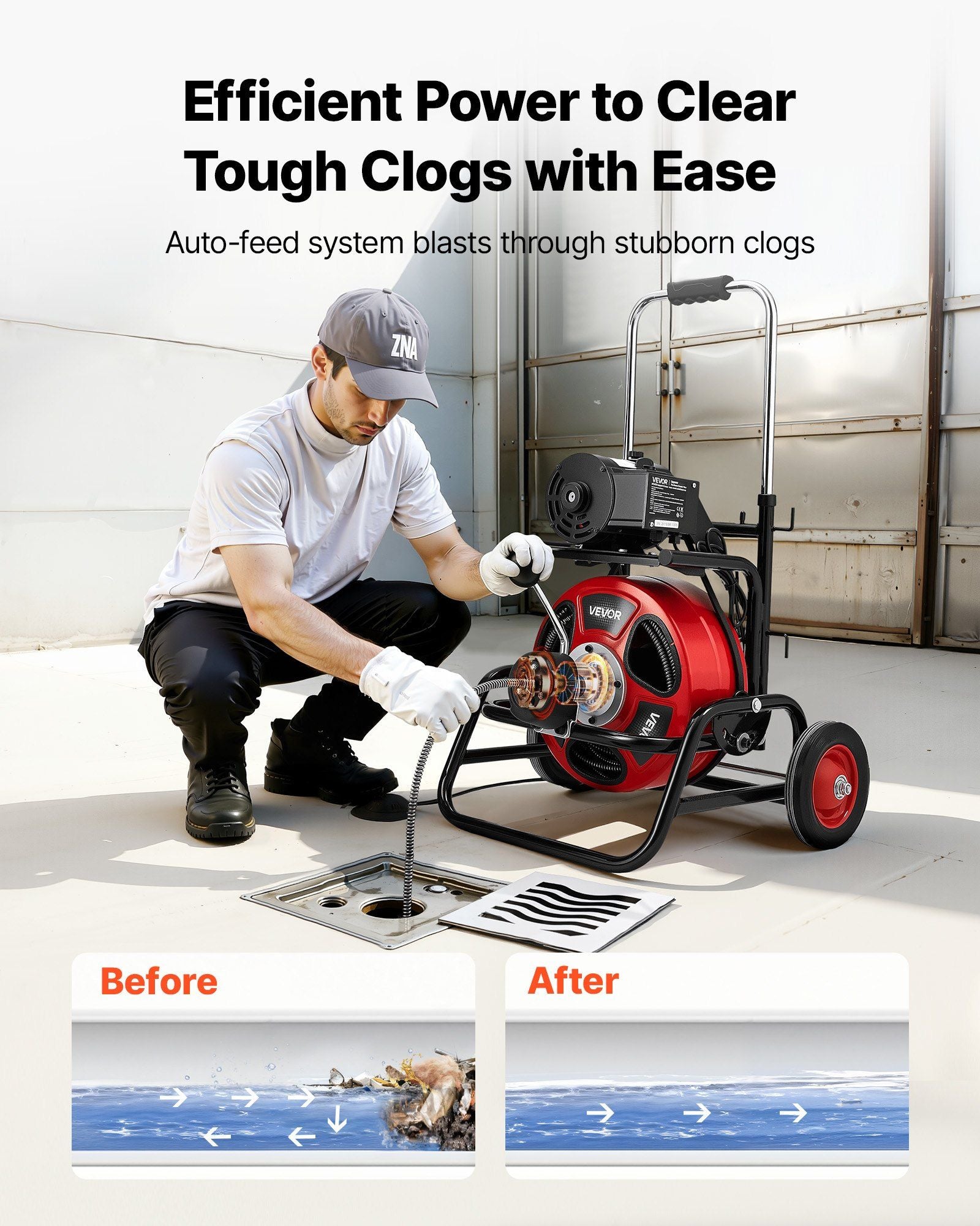 Drain Cleaner Machine 22m x 12.7mm, Auto Feed Sewer Snake Auger, Portable Drain Cleaning Machine with Climbing Wheels, Adjustable Drum, 8 Cutters & Foot Switch for 50mm to 150mm Pipes