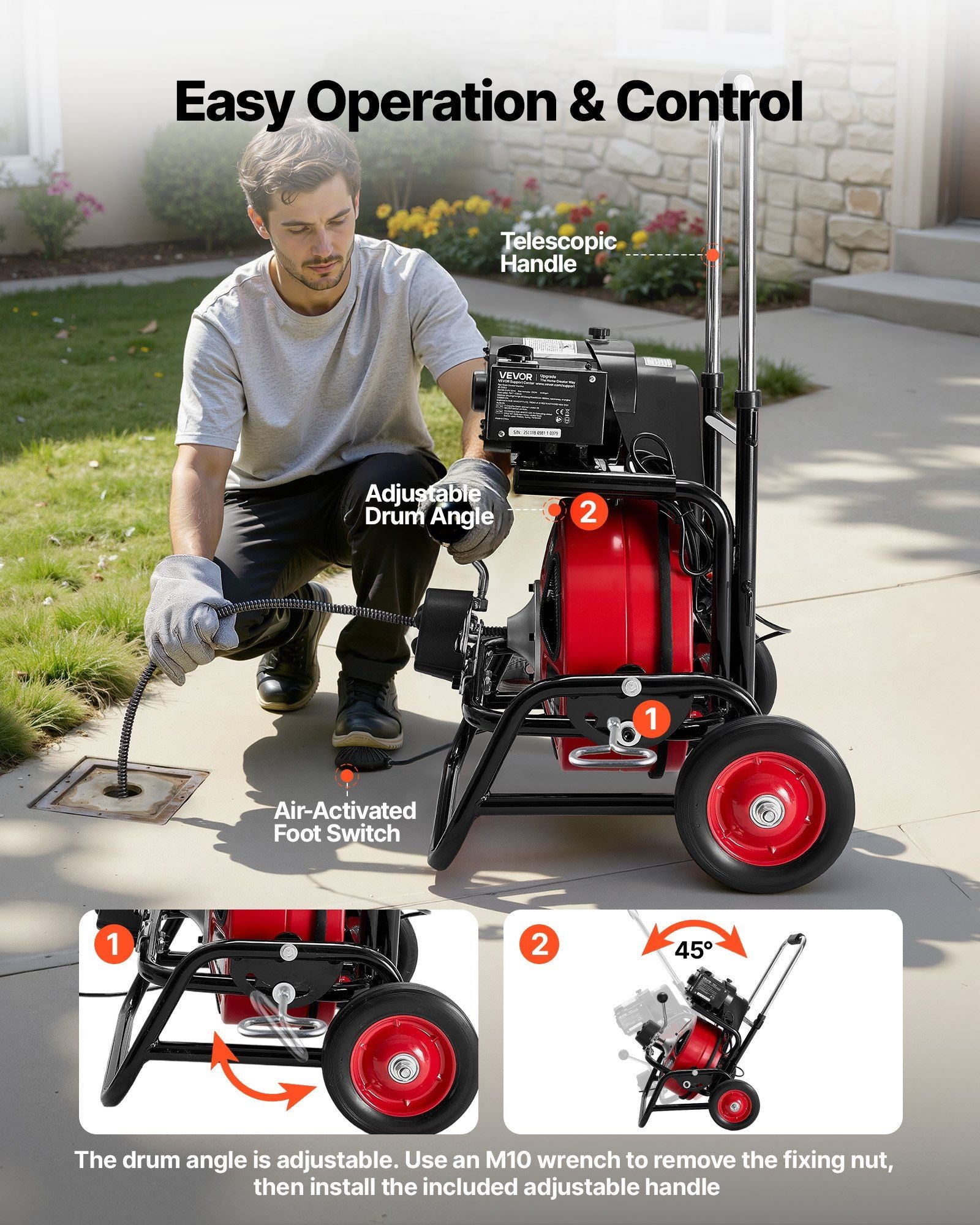 Drain Cleaner Machine 22m x 12.7mm, Auto Feed Sewer Snake Auger, Portable Drain Cleaning Machine with Climbing Wheels, Adjustable Drum, 8 Cutters & Foot Switch for 50mm to 150mm Pipes