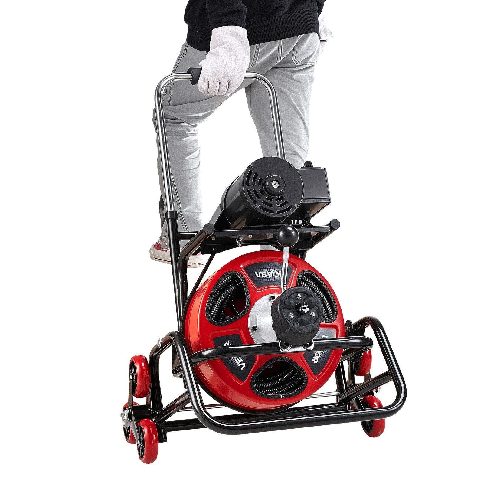 Drain Cleaner Machine 22m x 12.7mm, Auto Feed Sewer Snake Auger, Portable Drain Cleaning Machine with Climbing Wheels, Adjustable Drum, 8 Cutters & Foot Switch for 50mm to 150mm Pipes