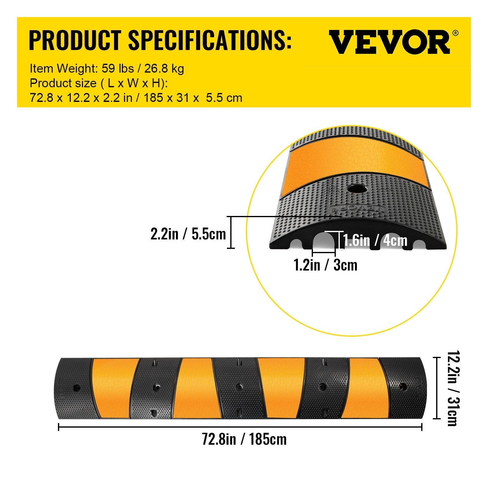 2pcs 6 Feet Rubber Driveway Modular Heavy Duty Speed 185 x 31 x 5.5 cm Cable Protector Ramp for Garage Gravel Roads Asphalt Concrete, 2Pack-6Ft-Speed Bump