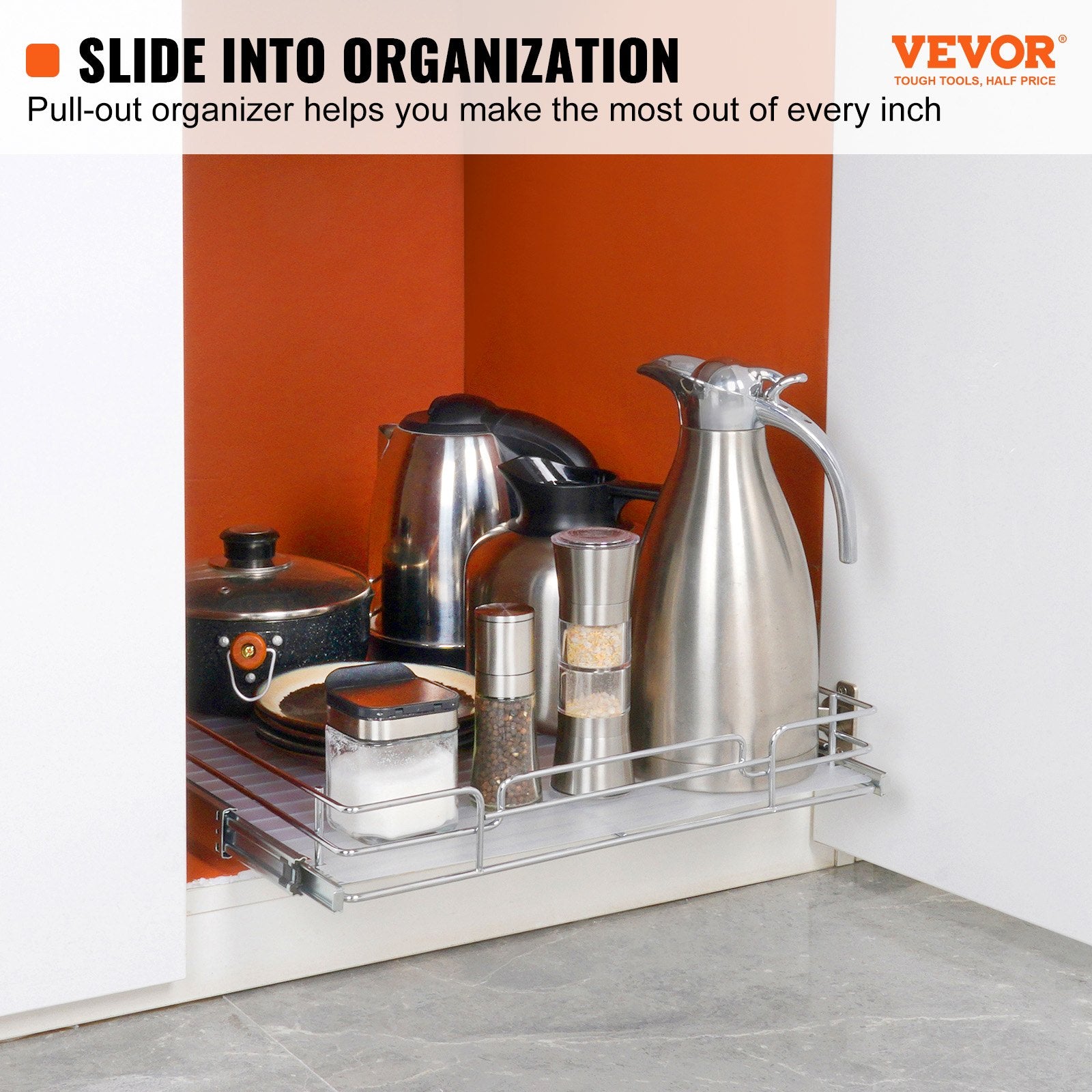 VEVOR 18.5"Wx21"Dx3.5"H Pull Out Cabinet Organizer, Heavy Duty Slide Out Pantry Shelves, Steel Roll Out Drawers, Sliding Drawer Storage for Home Under Sink, 20"Wx22"Dx7"H Install Size for Cabinet