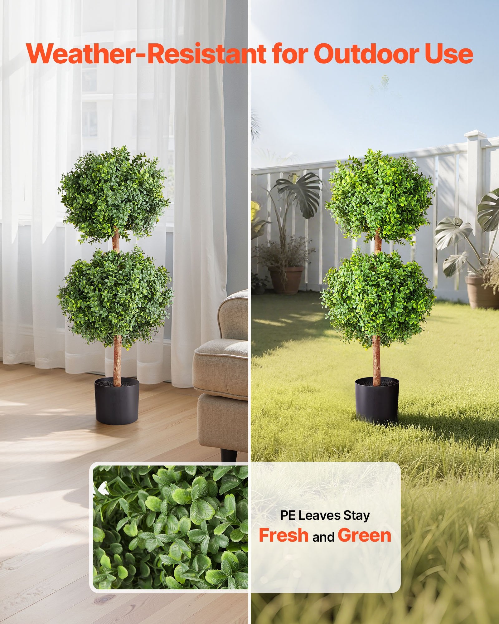 VEVOR Artificial Topiary Boxwood Double Ball, 2 Set 914mm Faux Boxwood Plant Balls, Fake Silk Tree Look Real, Easy Assembly for Decor Front Porch Outdoor Patio Garden Balcony Backyard Indoor