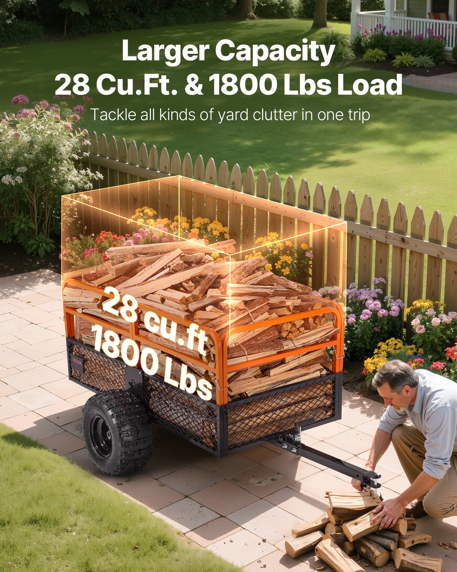 VEVOR Garden Utility Trailer, 28 Cu. Ft. & 800 kg, ATV UTV Trailer, Tow Behind Steel Dump Trailers, Removable Rear Panel, Heavy Duty Pull Behind Yard Trailers for Lawn Mower Tractor Garden Waste