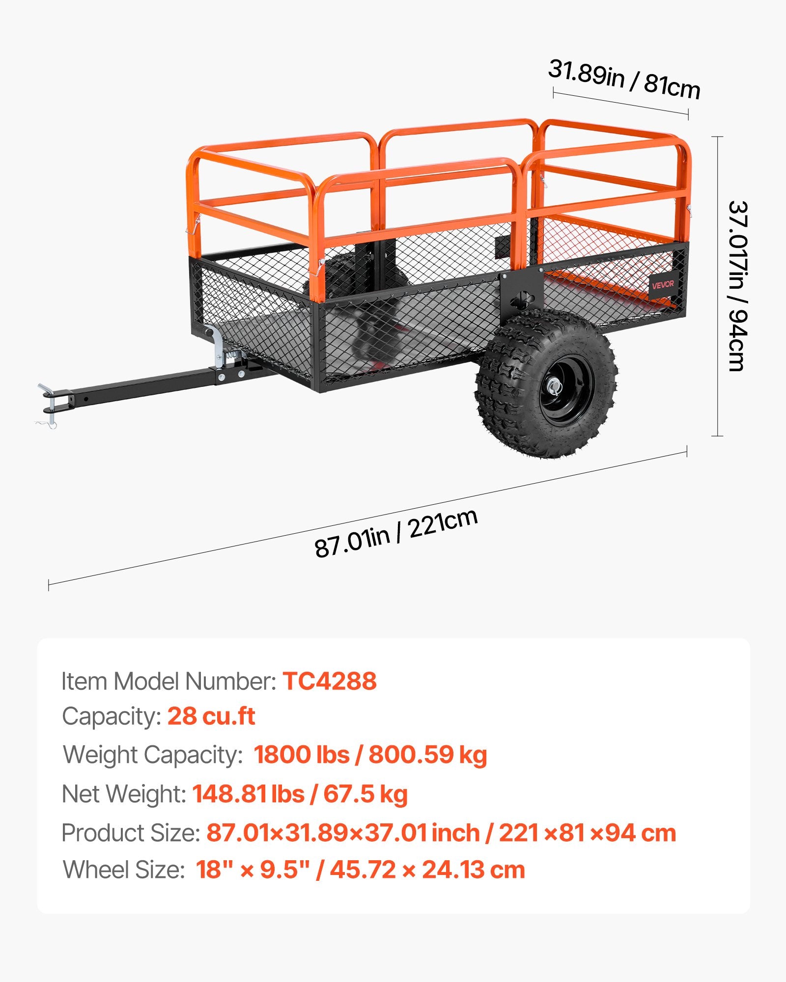 VEVOR Garden Utility Trailer, 28 Cu. Ft. & 800 kg, ATV UTV Trailer, Tow Behind Steel Dump Trailers, Removable Rear Panel, Heavy Duty Pull Behind Yard Trailers for Lawn Mower Tractor Garden Waste