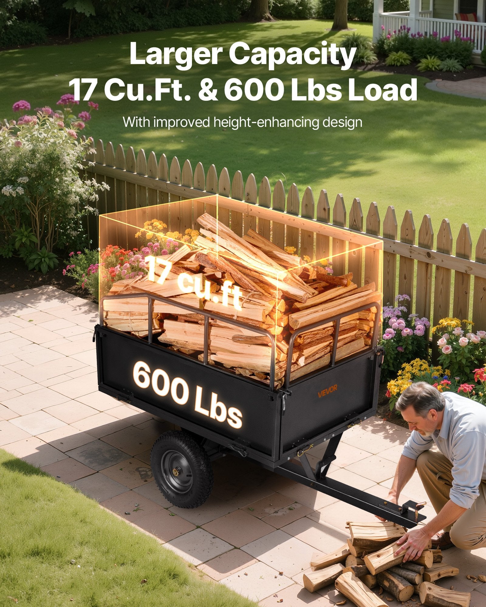 VEVOR Garden Utility Trailer, 17 Cu. Ft & 272 kg Capacity, ATV UTV Hauling Trailer, Tow Behind Steel Dump Cart with 16" Tires, Hand Pull or Foot Pedal, Heavy Duty Yard Trailers for Lawn Mower Tractor