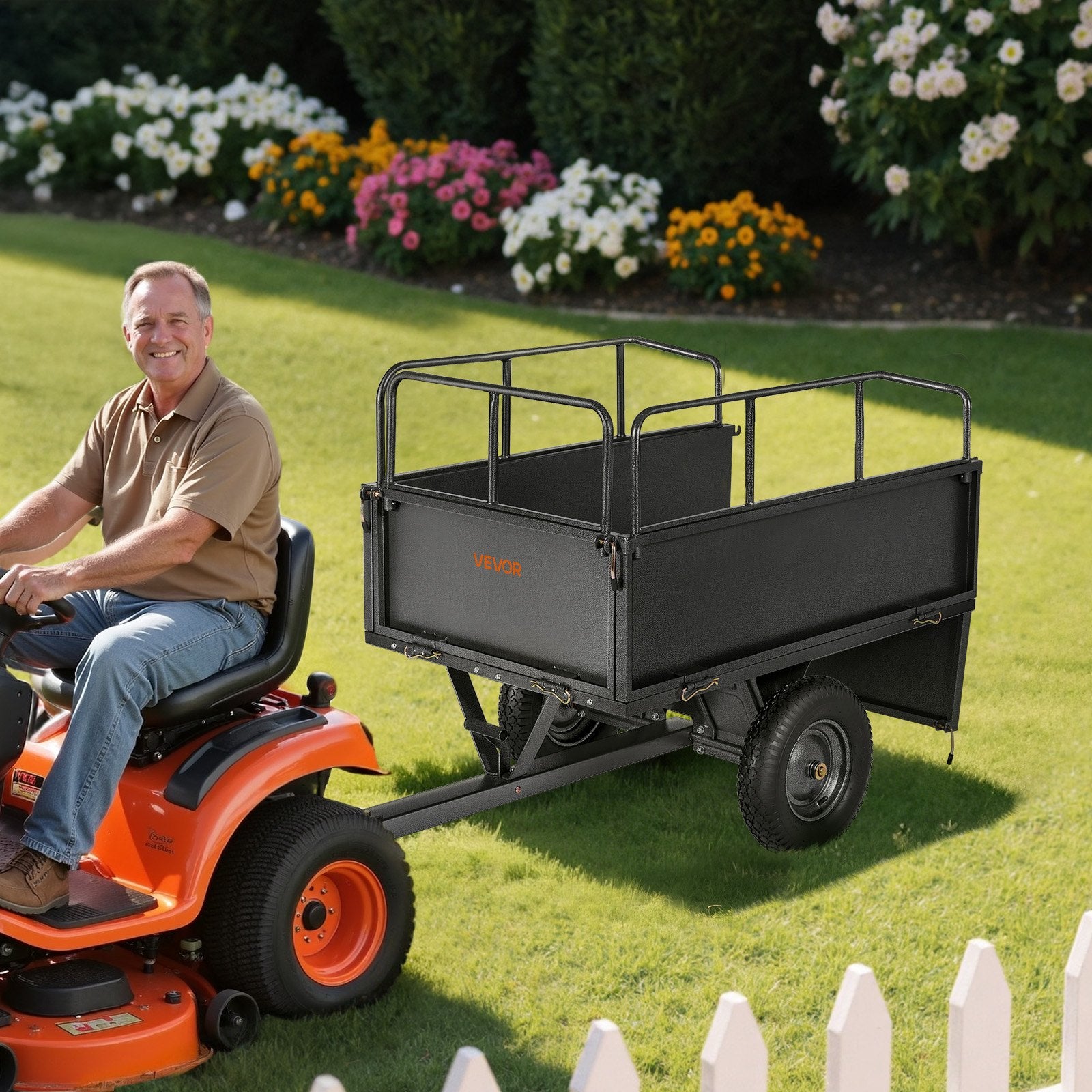 VEVOR Garden Utility Trailer, 17 Cu. Ft & 272 kg Capacity, ATV UTV Hauling Trailer, Tow Behind Steel Dump Cart with 16" Tires, Hand Pull or Foot Pedal, Heavy Duty Yard Trailers for Lawn Mower Tractor