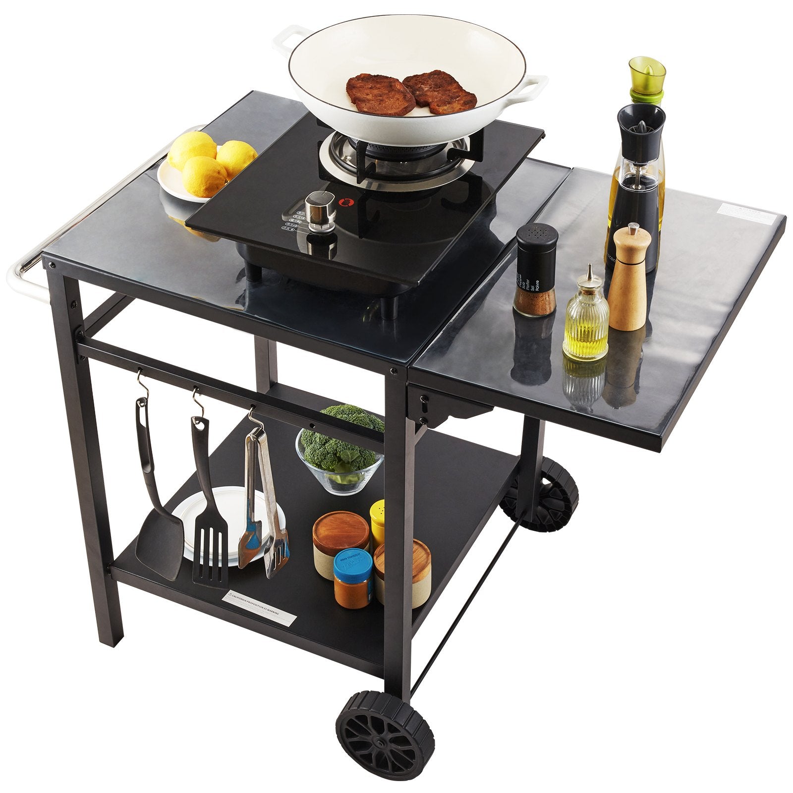 VEVOR Outdoor Grill Dining Cart with Double-Shelf, 55*55cm BBQ Movable Food Prep Table, Multifunctional Foldable Iron Table Top, Portable Modular Carts for Pizza Oven, Worktable with 2 Wheels, Carry Handle