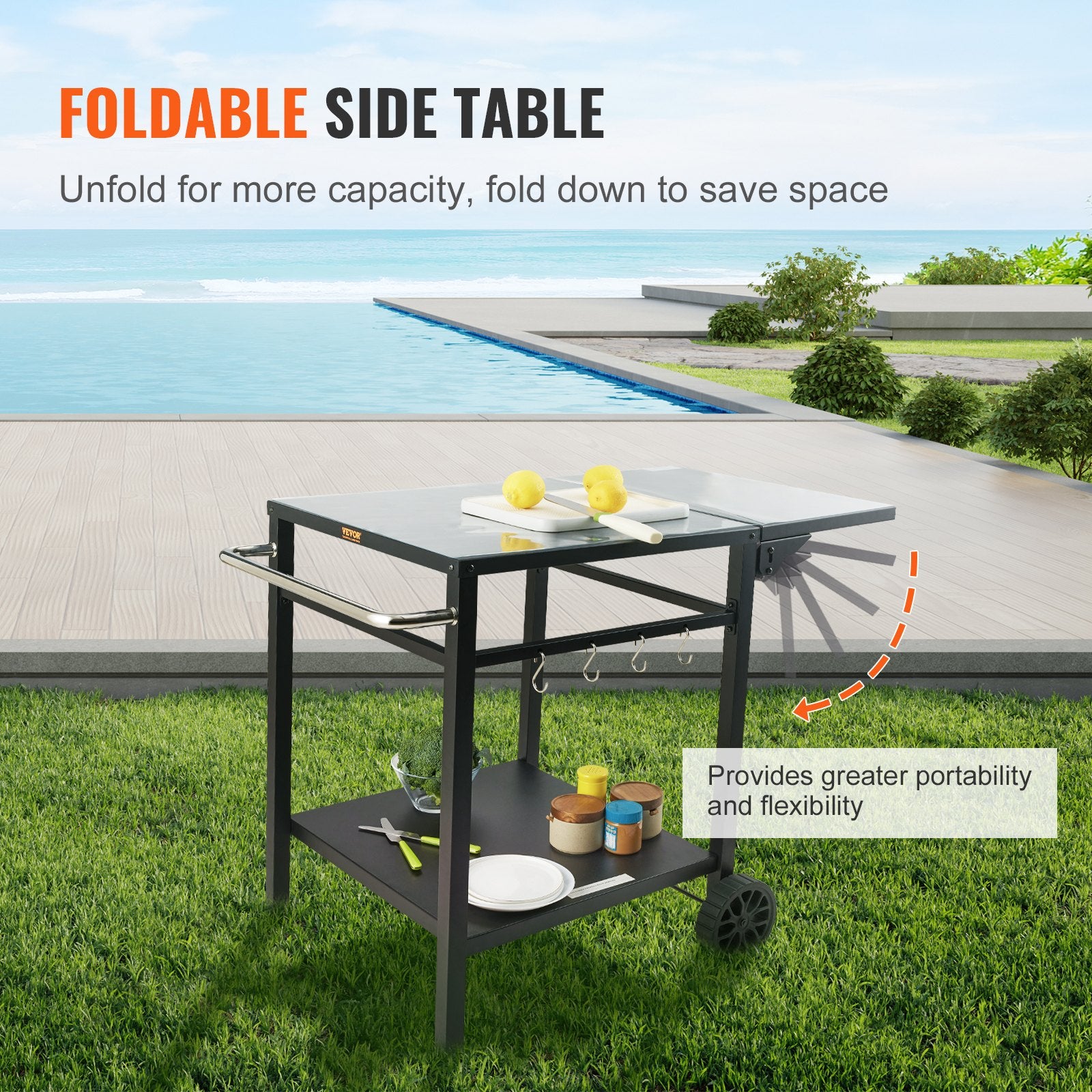 VEVOR Outdoor Grill Dining Cart with Double-Shelf, 55*55cm BBQ Movable Food Prep Table, Multifunctional Foldable Iron Table Top, Portable Modular Carts for Pizza Oven, Worktable with 2 Wheels, Carry Handle