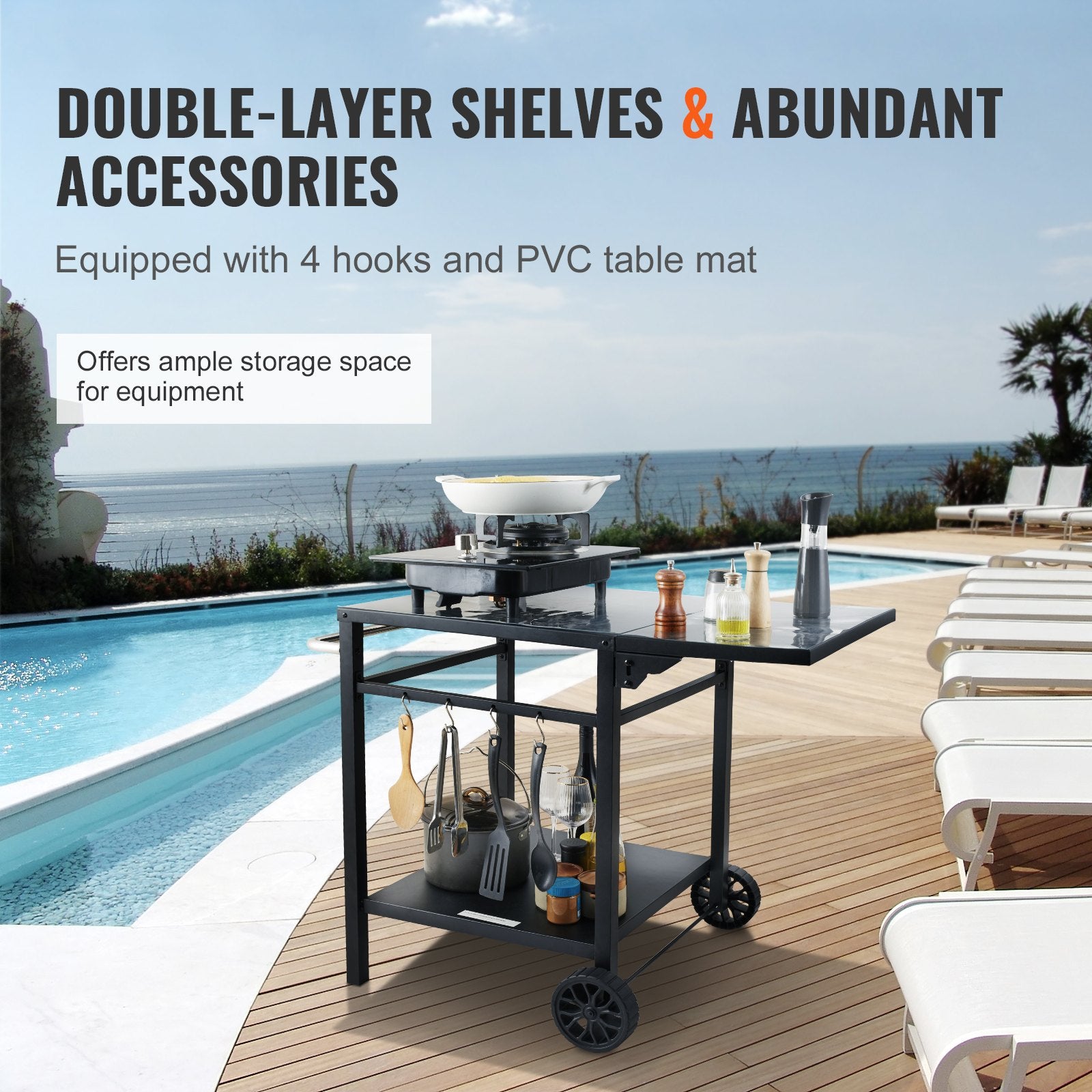 VEVOR Outdoor Grill Dining Cart with Double-Shelf, 55*55cm BBQ Movable Food Prep Table, Multifunctional Foldable Iron Table Top, Portable Modular Carts for Pizza Oven, Worktable with 2 Wheels, Carry Handle