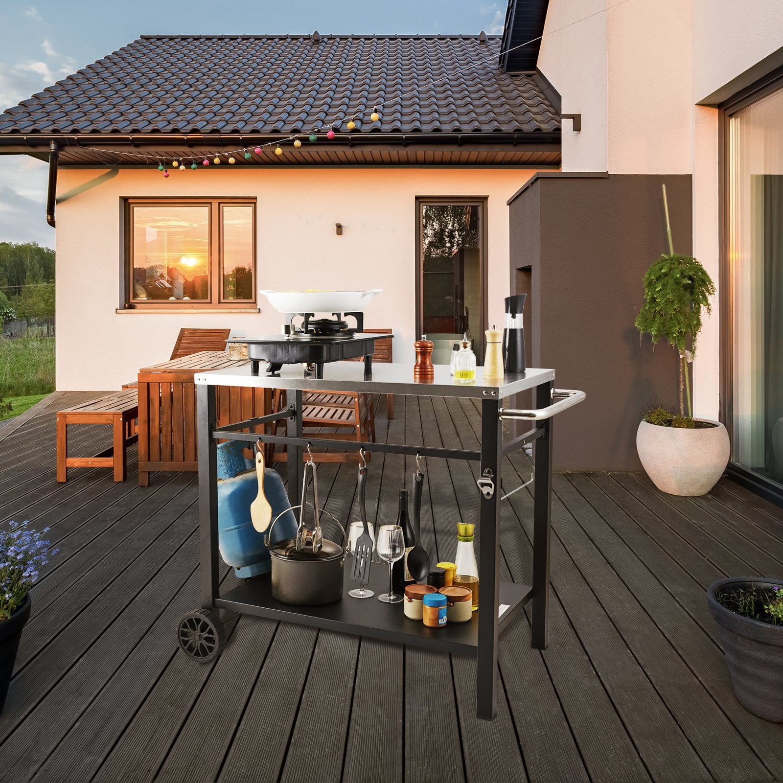 VEVOR Outdoor Grill Dining Cart with Double-Shelf, 85*55cm BBQ Movable Food Prep Table, Multifunctional Stainless Steel Table Top, Portable Modular Carts for Pizza Oven, Worktable with 2 Wheels, Carry Handle