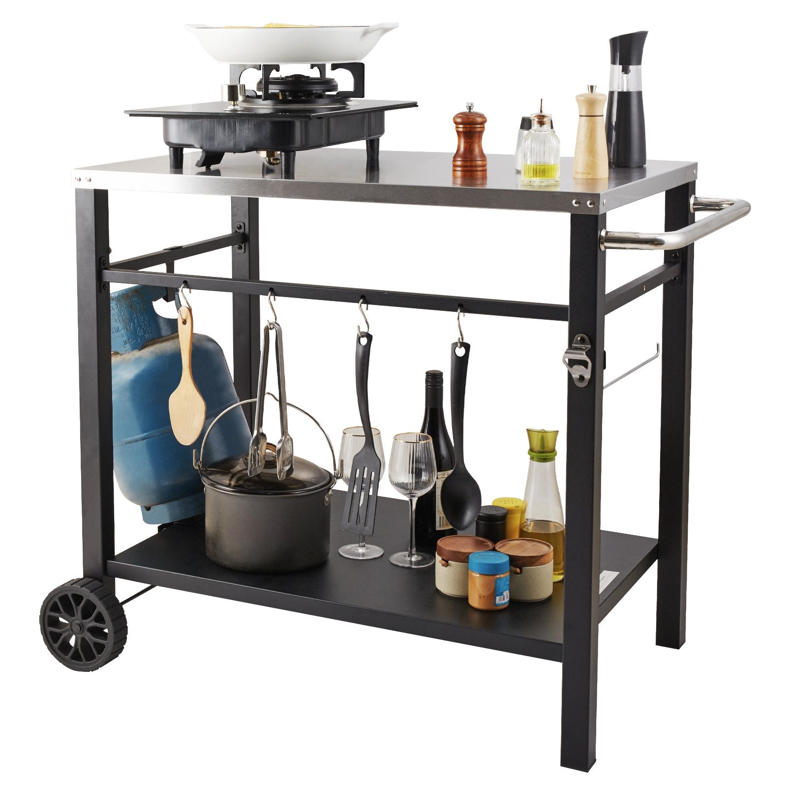 VEVOR Outdoor Grill Dining Cart with Double-Shelf, 85*55cm BBQ Movable Food Prep Table, Multifunctional Stainless Steel Table Top, Portable Modular Carts for Pizza Oven, Worktable with 2 Wheels, Carry Handle
