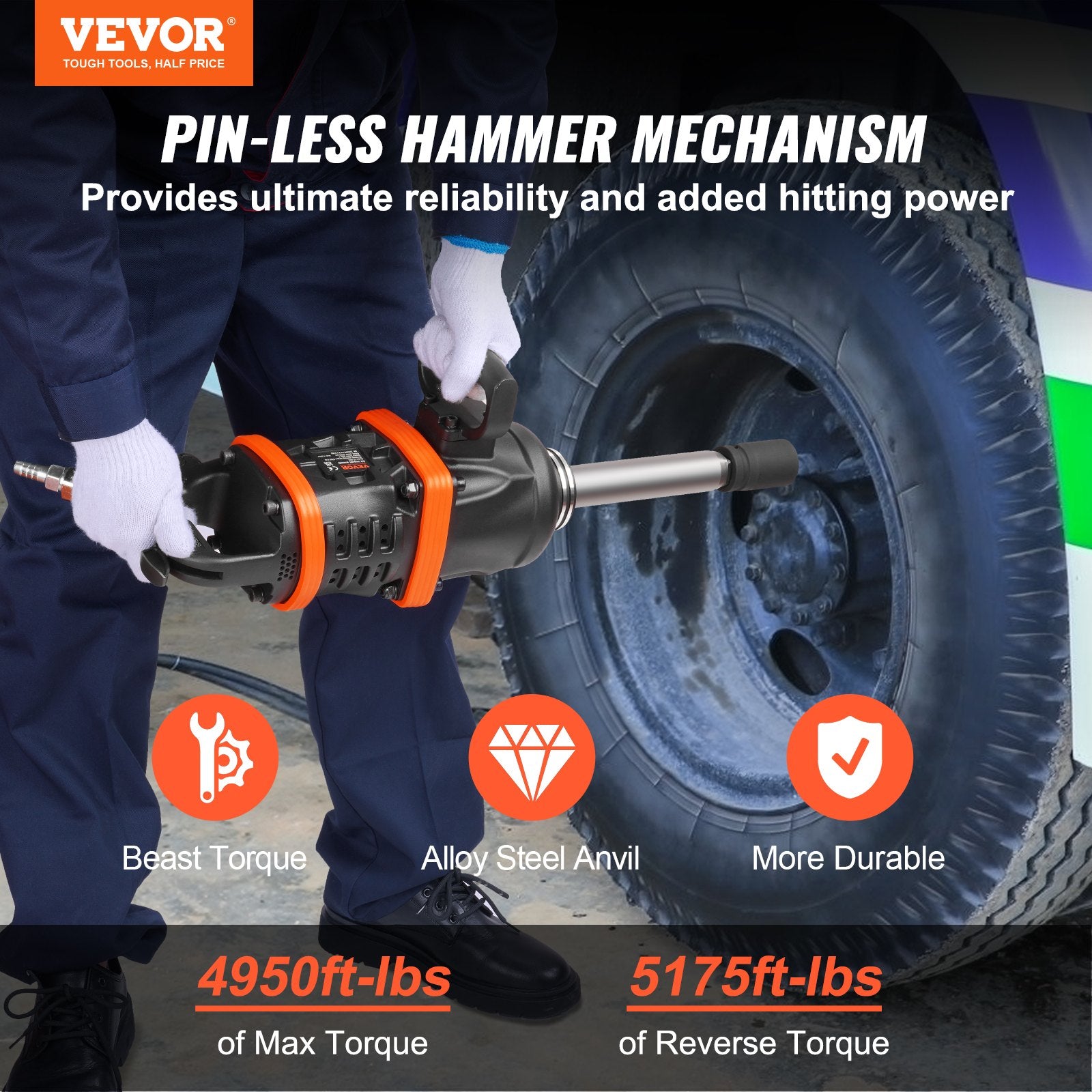 VEVOR 1 Inch Air Impact Wrench, Up to 5175 ft-lbs Beast Reverse Torque Output Pneumatic Impact Gun w/ 8 Inch Extended Anvil for Repairs_nd_aintenance of Heavy Duty Machinery / Semi-Truck / Bus