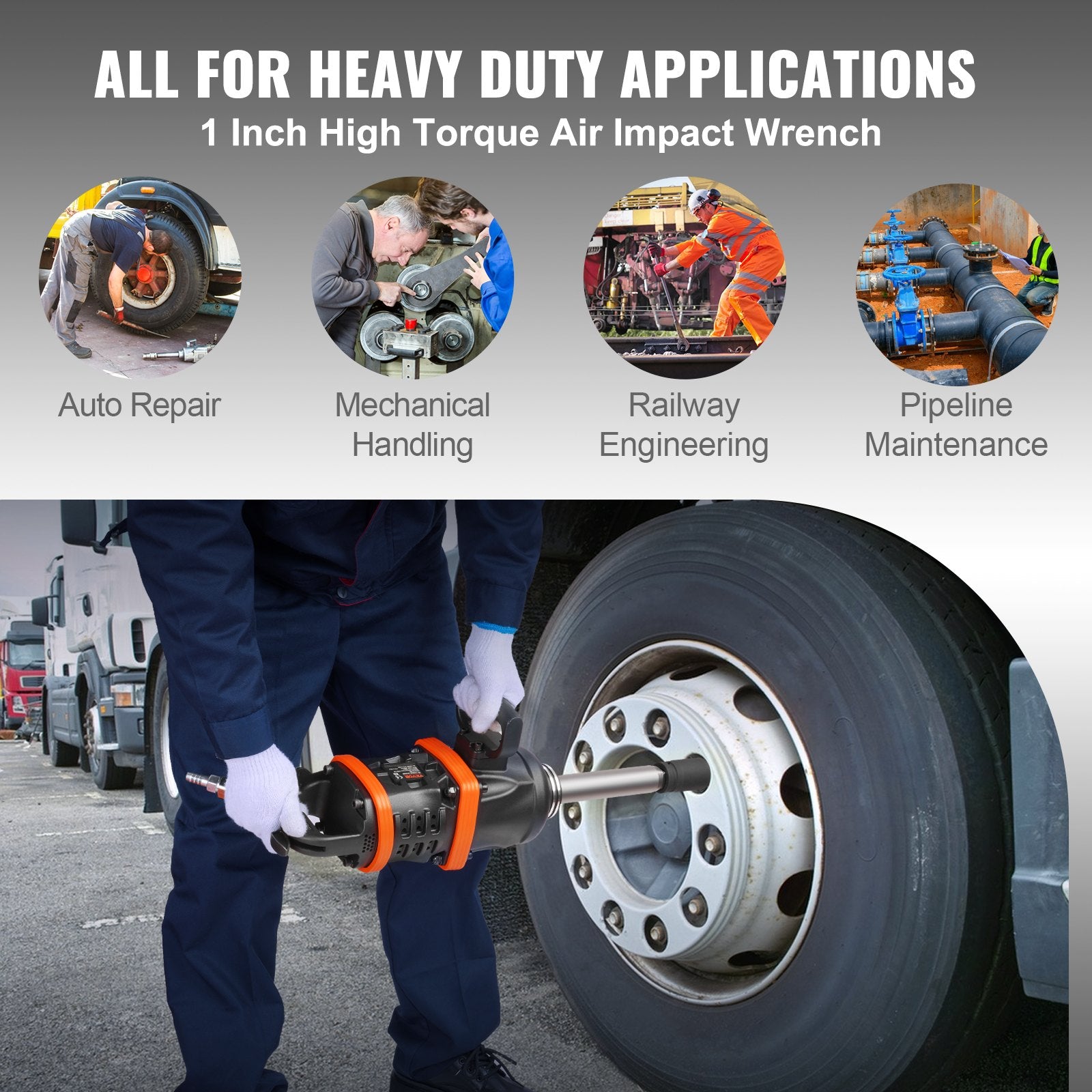 VEVOR 1 Inch Air Impact Wrench, Up to 5175 ft-lbs Beast Reverse Torque Output Pneumatic Impact Gun w/ 8 Inch Extended Anvil for Repairs_nd_aintenance of Heavy Duty Machinery / Semi-Truck / Bus