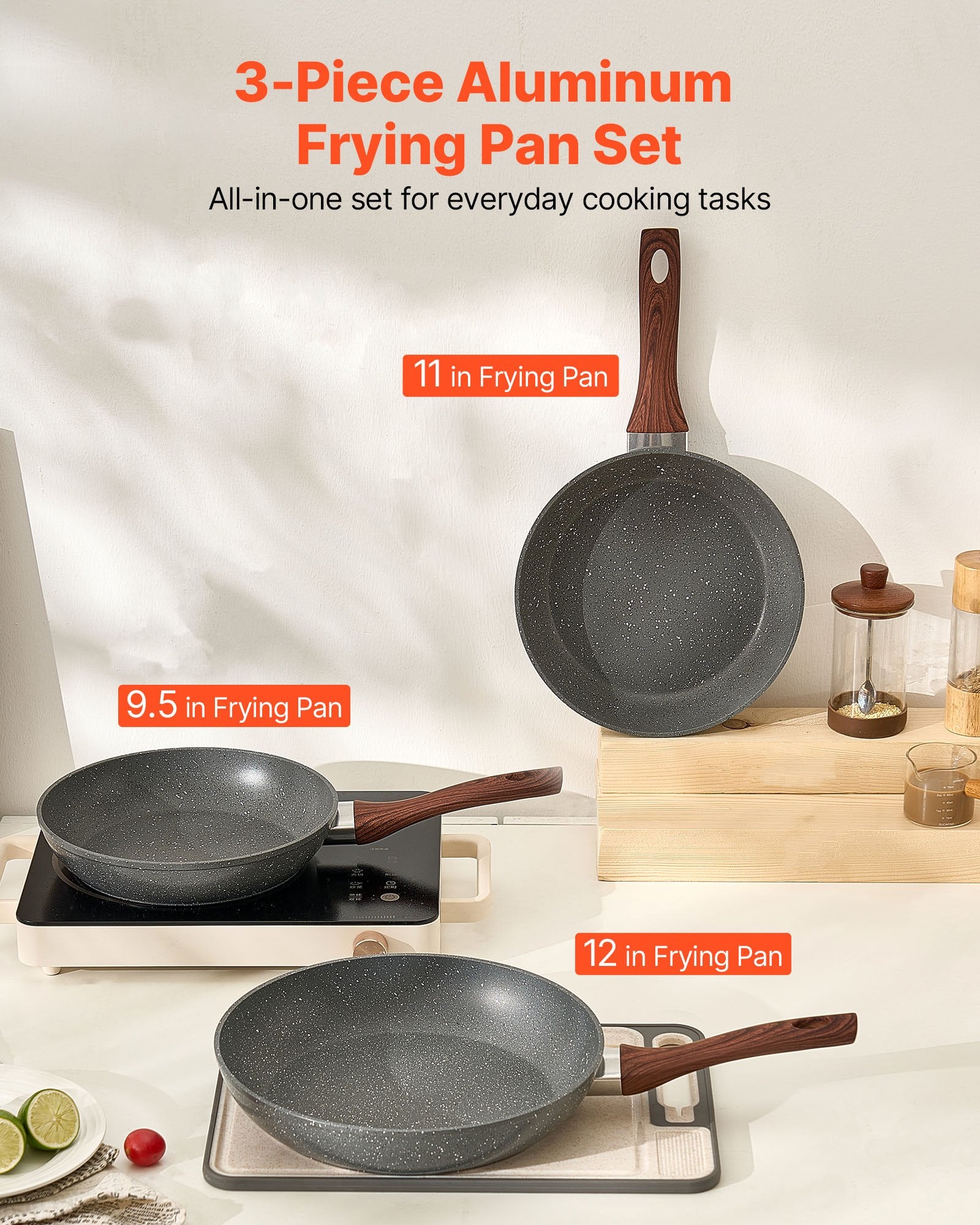 VEVOR Frying Pan Skillet, Aluminum Egg Fry Pans, 3 Piece Set (250, 280, 325 mm), Nonsitck Heavy-Duty Skillets with Heat-Resistant Handle, Chef's Kitchen Cookware, for Gas, Electric, Induction, Grey
