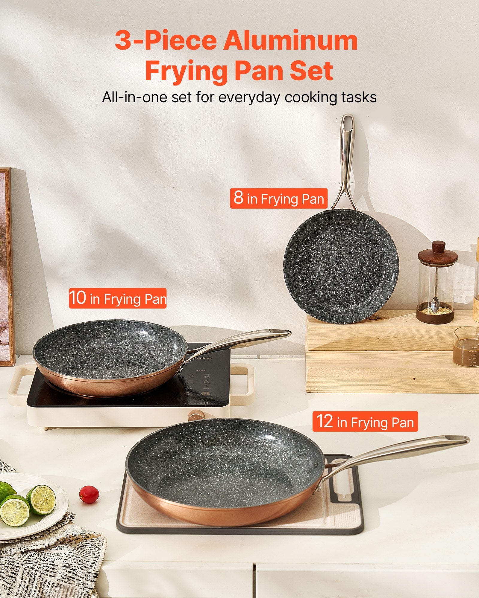 VEVOR Frying Pan Skillet, Aluminum Egg Fry Pans, 3 Piece (200, 270, 300 mm), Nonsitck Ceramic Heavy-Duty Skillets with Heat-Resistant Handle, Chef's Cookware, for Oven, Gas, Electric, Induction, Grey