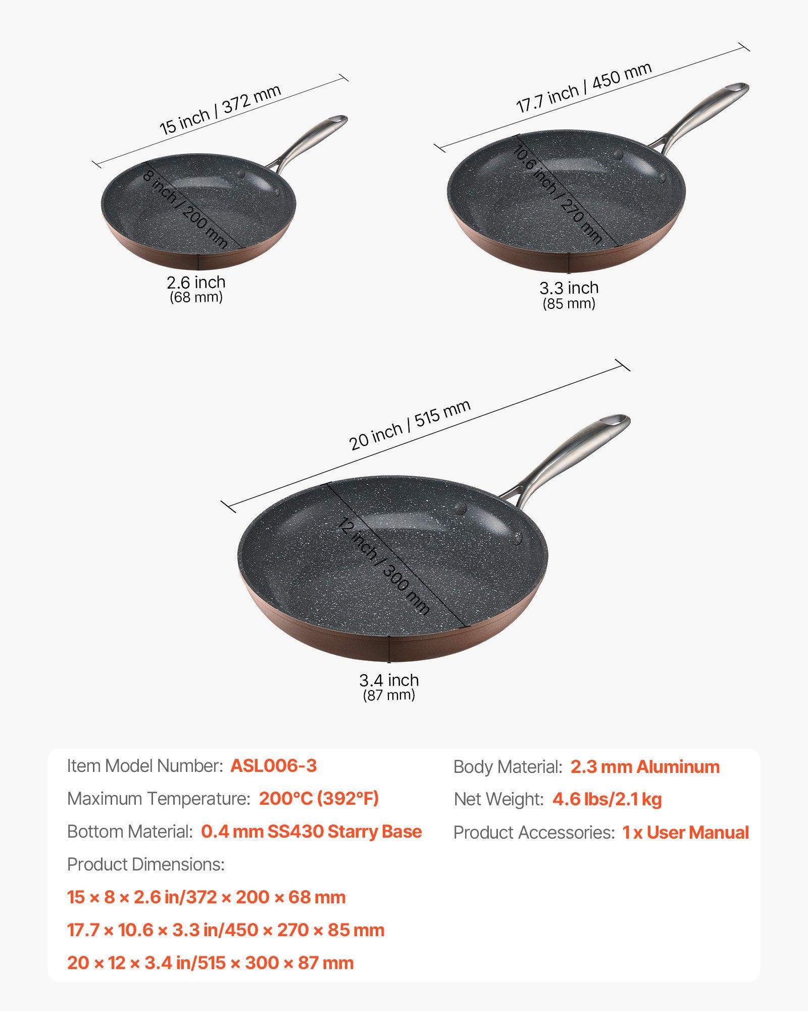 VEVOR Frying Pan Skillet, Aluminum Egg Fry Pans, 3 Piece (200, 270, 300 mm), Nonsitck Ceramic Heavy-Duty Skillets with Heat-Resistant Handle, Chef's Cookware, for Oven, Gas, Electric, Induction, Grey