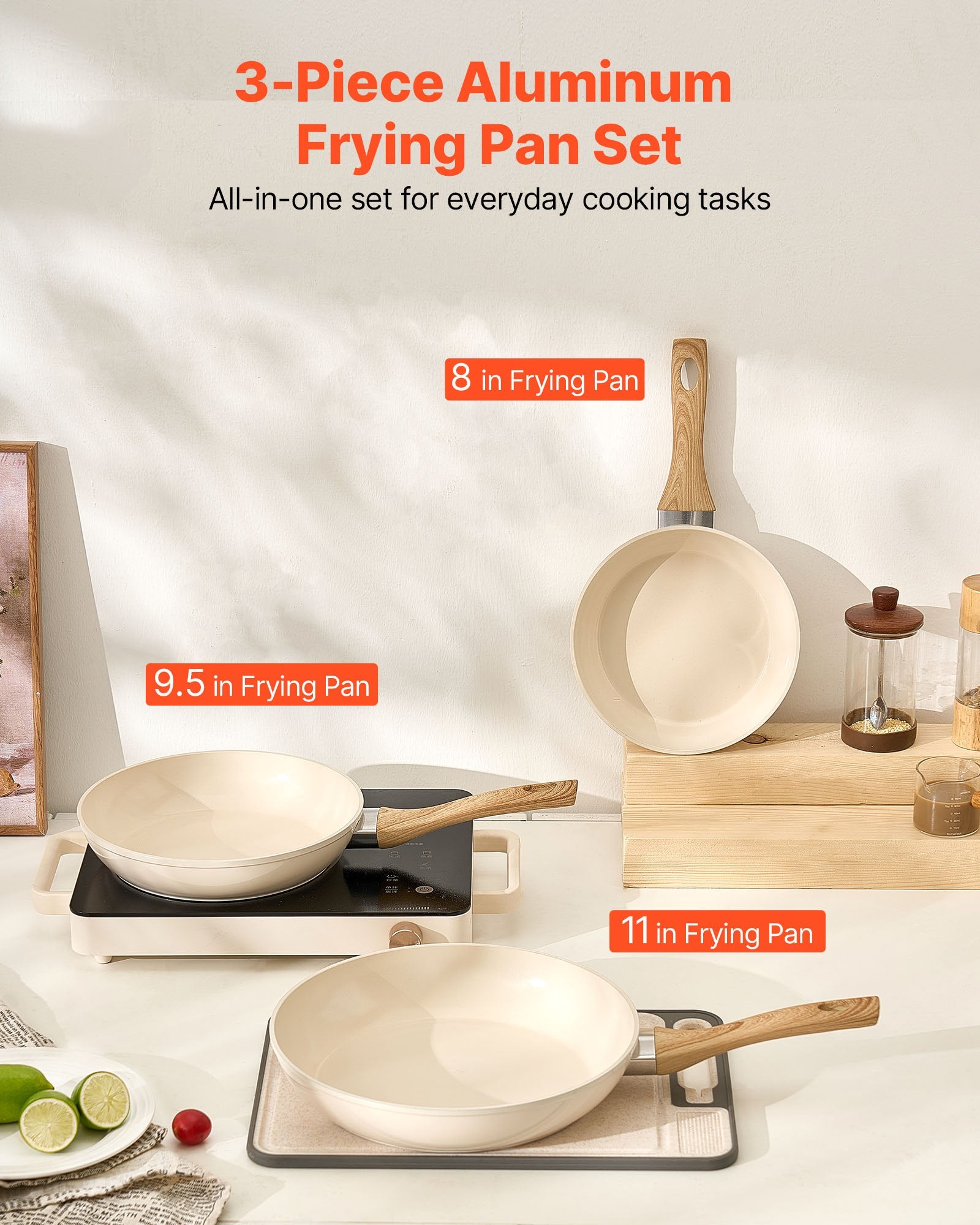VEVOR Frying Pan Skillet, Aluminum Egg Fry Pans, 3 Pcs (200, 240, 280 mm), Nonsitck Ceramic Heavy-Duty Skillets with Heat-Resistant Handle, Chef's Kitchen Cookware for Gas, Electric, Induction, Beige