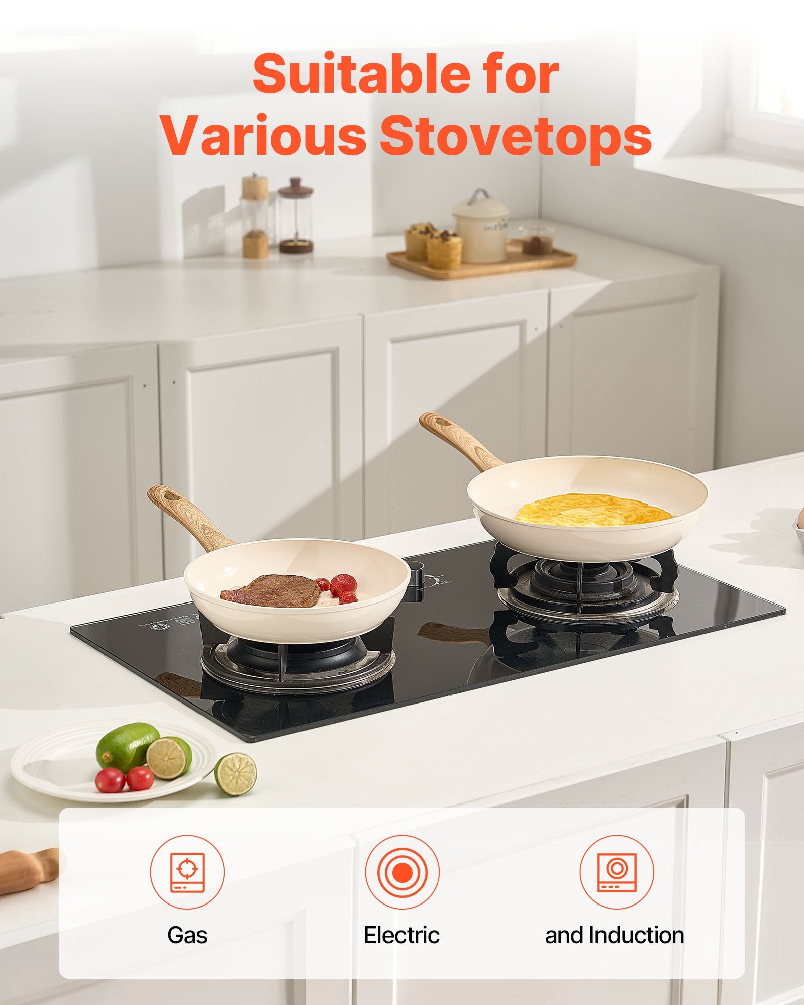 VEVOR Frying Pan Skillet, Aluminum Egg Fry Pans, 3 Pcs (200, 240, 280 mm), Nonsitck Ceramic Heavy-Duty Skillets with Heat-Resistant Handle, Chef's Kitchen Cookware for Gas, Electric, Induction, Beige