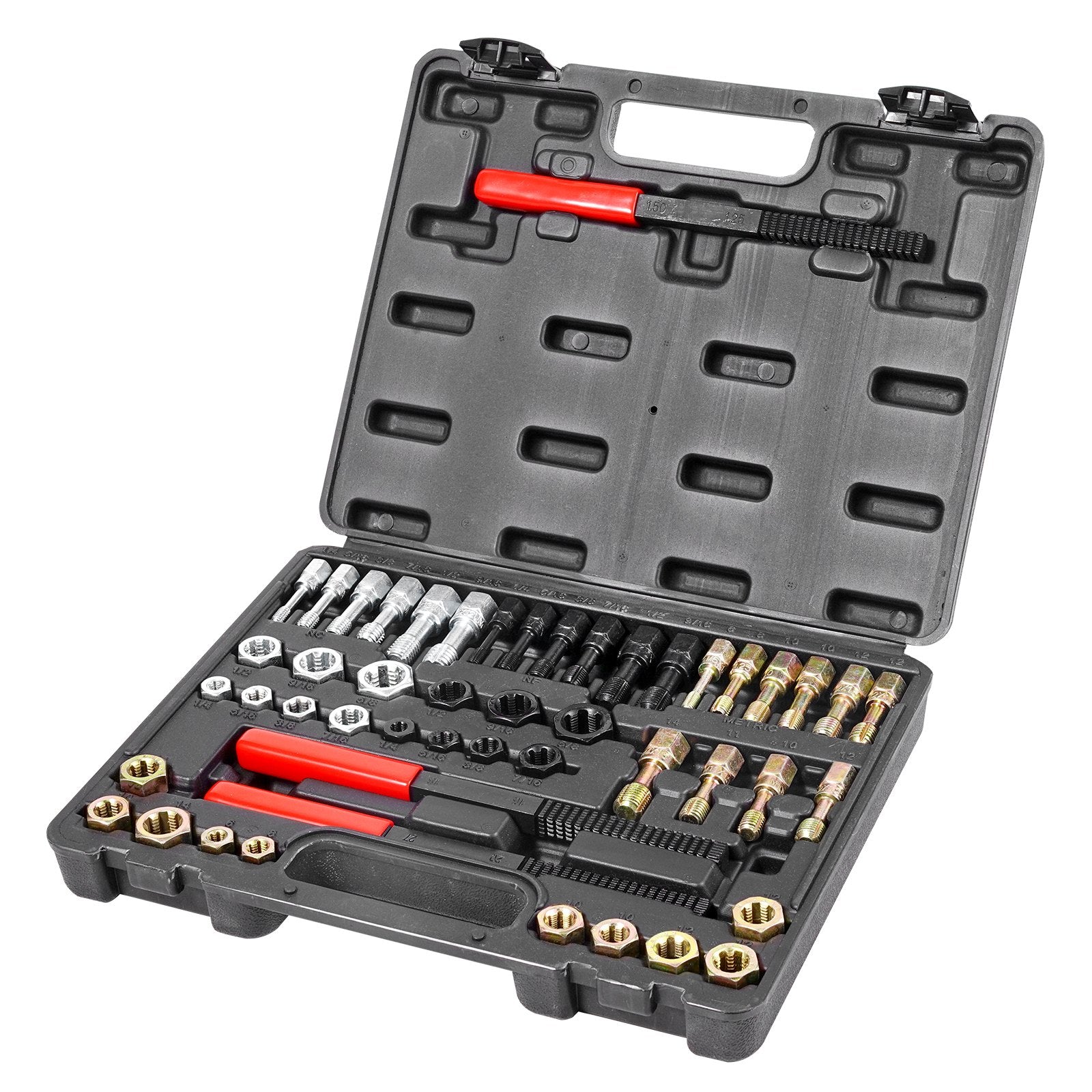 VEVOR 49-Piece Thread Chaser Set, UNC UNF and Metric Thread Restorer Tool, Rethreading Tool Kit with 22 Taps 24 Dies 3 Thread Files Storage Case, Heat Treated Steel, for Mechanics DIY Enthusiasts