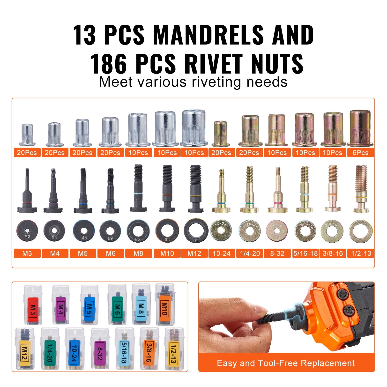 VEVOR Rivet Nut Tool, 16” Rivnut Tool Kit with 13PCS Metric and SAE Mandrels, 186PCS Rivet Nuts, M3, M4, 10-24, M5, M6, 1/4-20, 8-32, 5/16-18, M8, 3/8-16, M10, M12, 1/2-13, Semi-auto Retraction