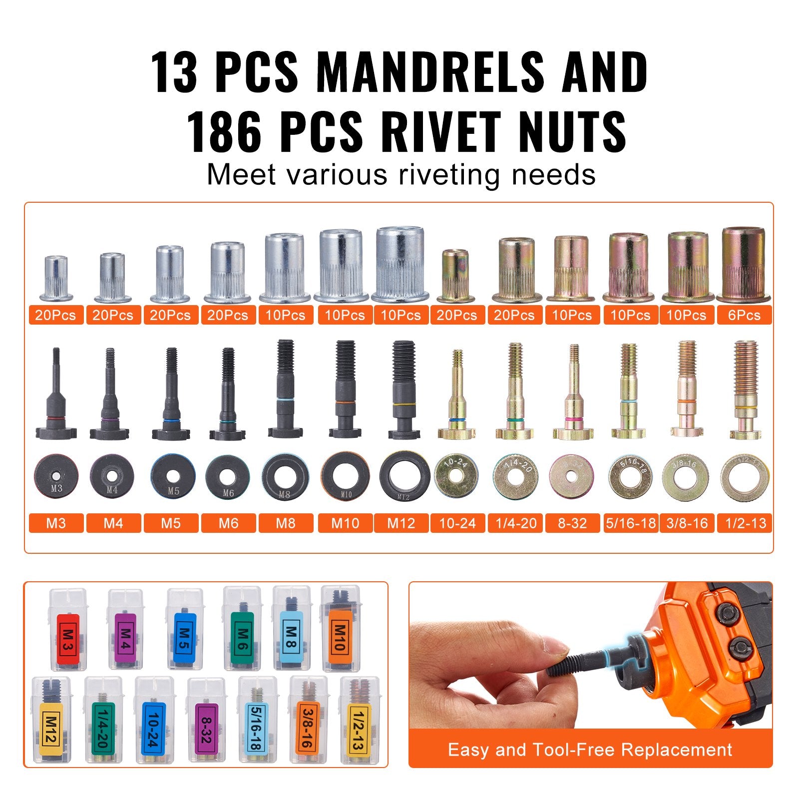 VEVOR Rivet Nut Tool, 16” Rivnut Tool Kit with 13PCS Metric and SAE Mandrels, 186PCS Rivet Nuts, M3, M4, 10-24, M5, M6, 1/4-20, 8-32, 5/16-18, M8, 3/8-16, M10, M12, 1/2-13, With Carrying Case