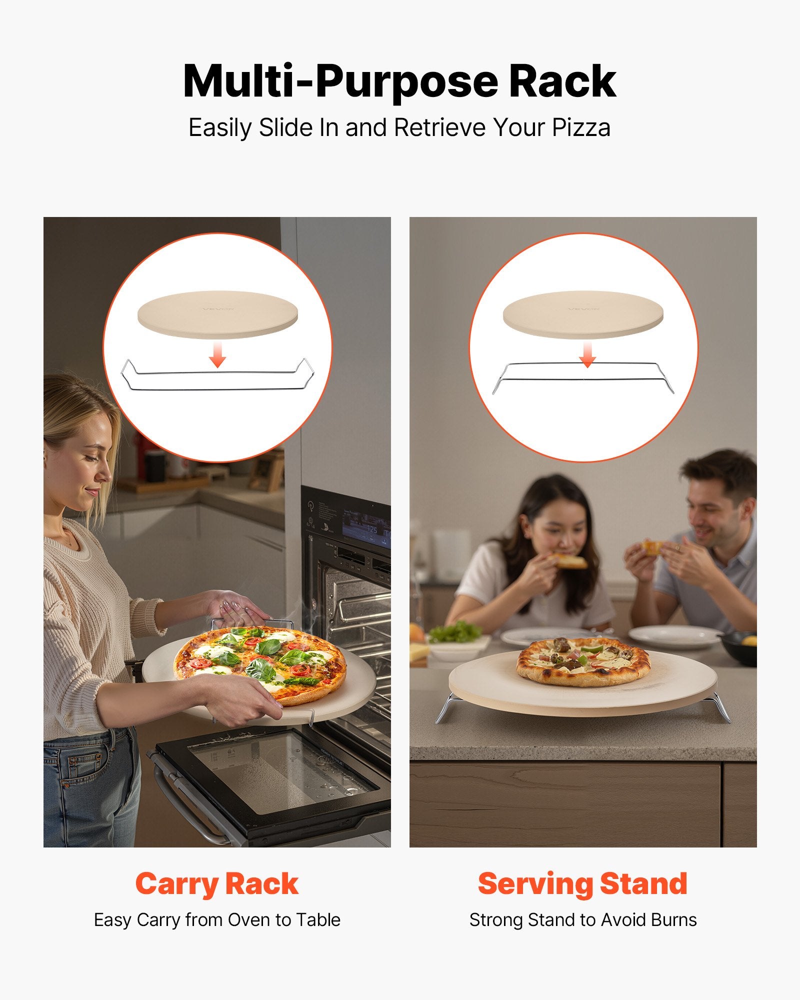 VEVOR Pizza Stone, 406 mm Round Cordierite Pizza Stone, Extra Large Baking-Stone with a Durable Stand, 17 mm Thickness Heat-Resistant Cooking Cordierite, for Kitchen Oven, Baking Pizzas, BBQ Grilling