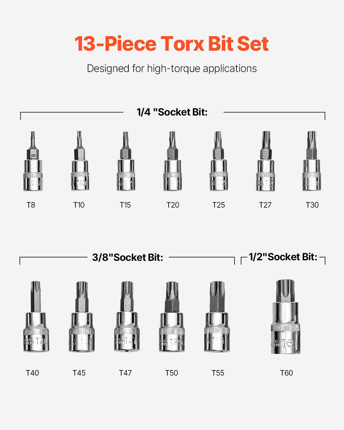 VEVOR Torx Bit Socket Set, 13-Piece Star T8 - T60 Set, S2 Alloy Steel and Cr-V Steel, 1/4 in, 3/8 in, and 1/2 in Drives, with Enhanced Storage Case, Torx Sockets for Hand Use, Mechanics, Auto Repair