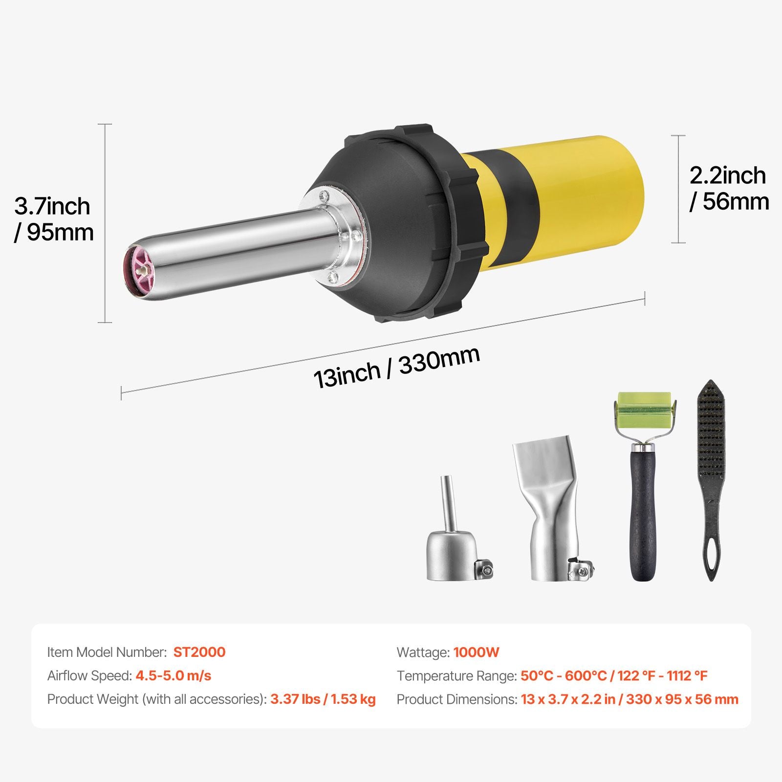 Hot Air Plastic Welder, 1000W Hot Air Torch Pistol, 50- 600°C PVC TPO Vinyl Heat Gun Welding Torch, Plastic Welding Kit with 4 Accessories- 2 Nozzles, 1 Seam Roller & Brush for PP/PE/PVC Sheet