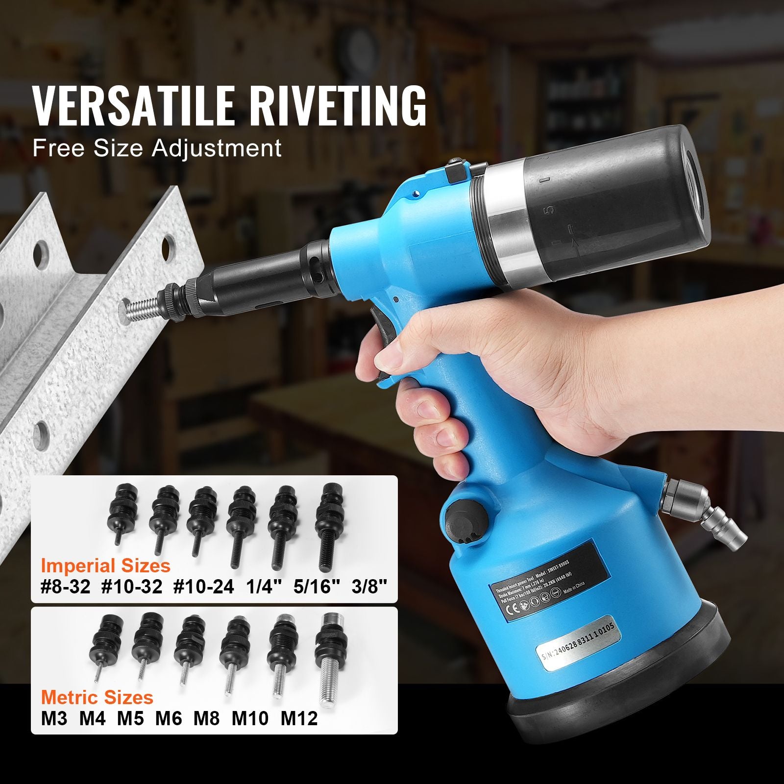 Pneumatic Air Riveter Heavy Duty Rivet Gun Tool Kit 13 Size Nose Pieces