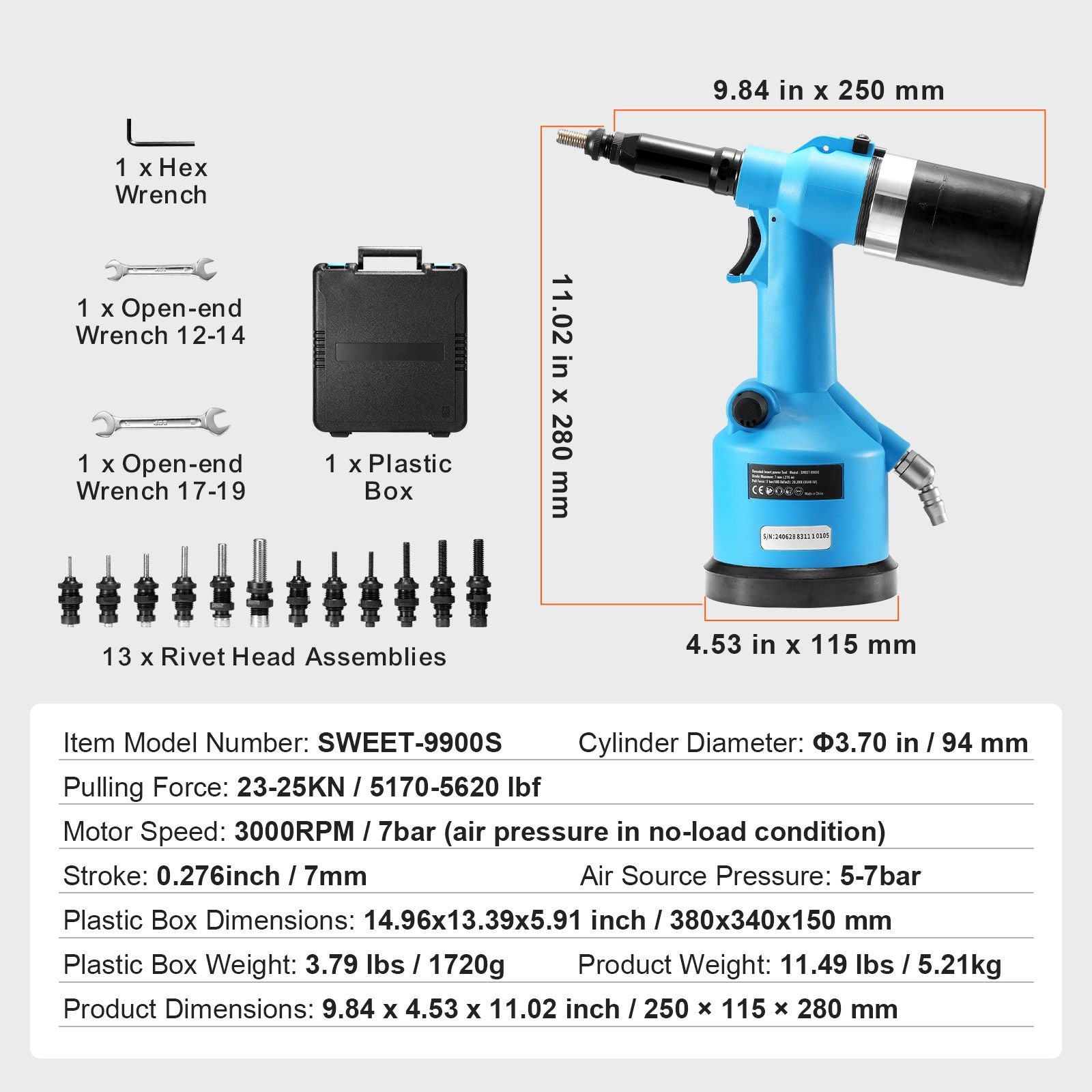 Pneumatic Air Riveter Heavy Duty Rivet Gun Tool Kit 13 Size Nose Pieces
