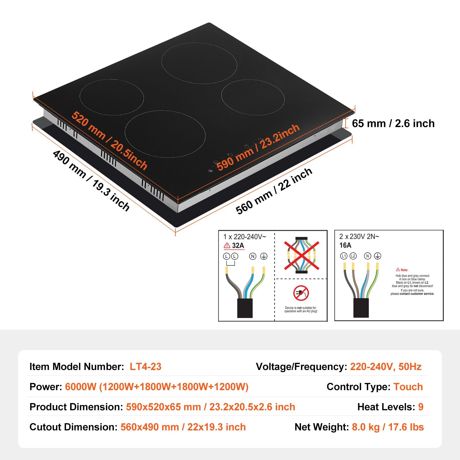 Built-in Electric Cooktop Radiant Ceramic Cooktop 4 Burners 23.2x20.5 inch