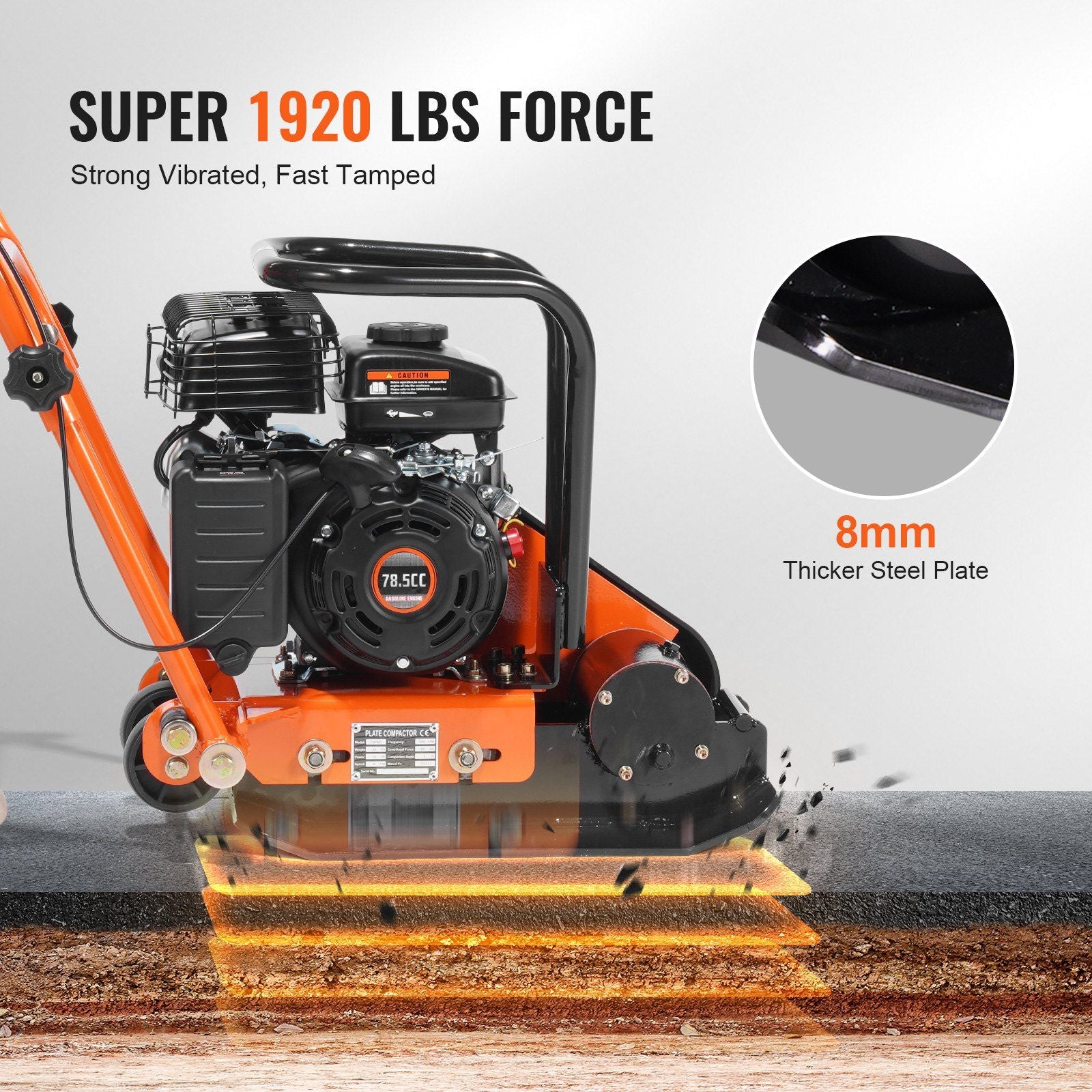 Plate Compactor, 2.8 HP 78.5CC Gas Engine 5,250 VPM, 870 kg Force Vibratory Compaction Tamper with 18.7 x 11.8 inch Plate for Walkways, Patios, Asphalts, Paver Landscaping