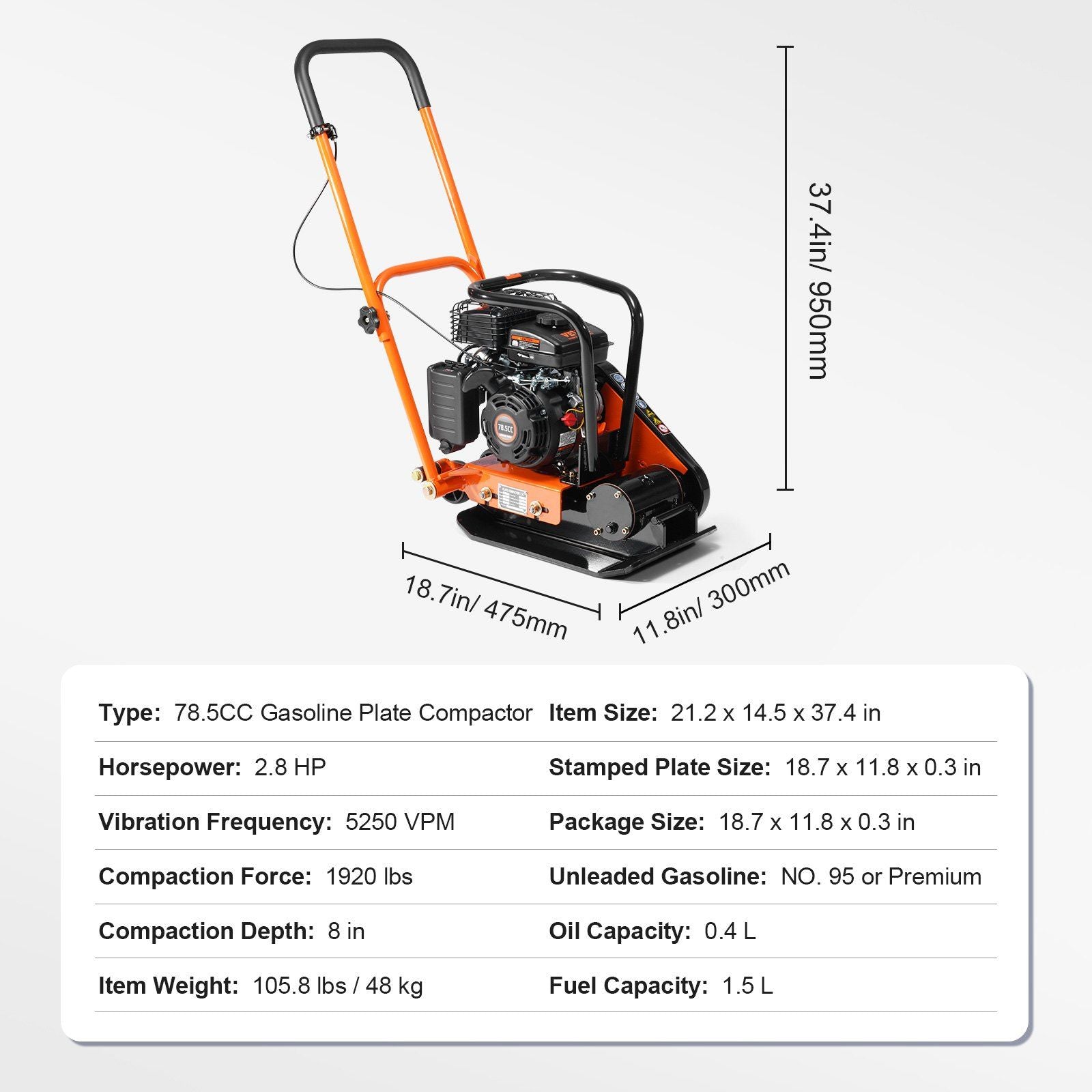 Plate Compactor, 2.8 HP 78.5CC Gas Engine 5,250 VPM, 870 kg Force Vibratory Compaction Tamper with 18.7 x 11.8 inch Plate for Walkways, Patios, Asphalts, Paver Landscaping