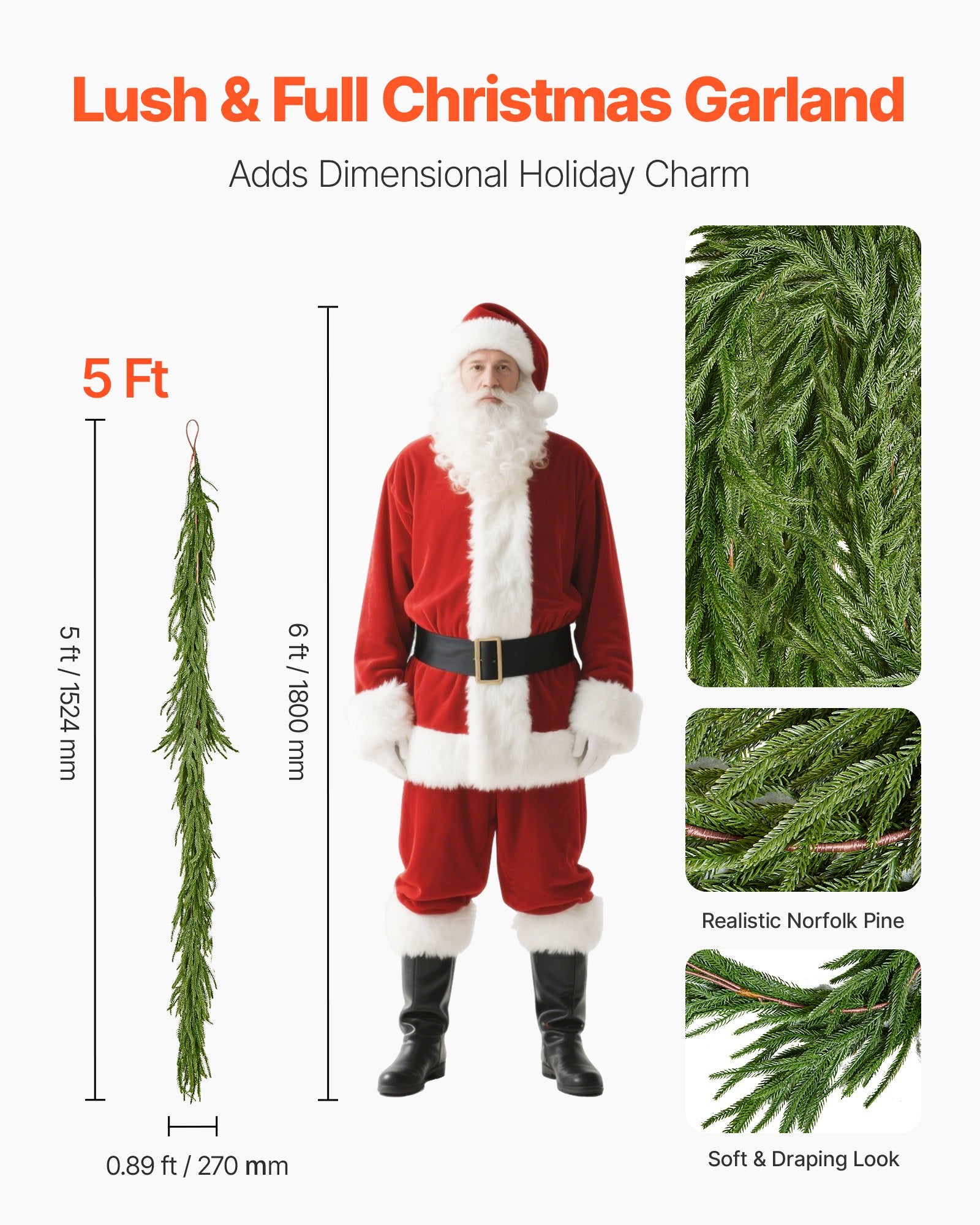 VEVOR Christmas Garland, 1524 mm Realistic Norfolk Pine Garland, Evergreen Real Touch Artificial Faux Greenery Garlands, for Holiday Indoor Outdoor Xmas Decoration on Table, Mantel, and Fireplace