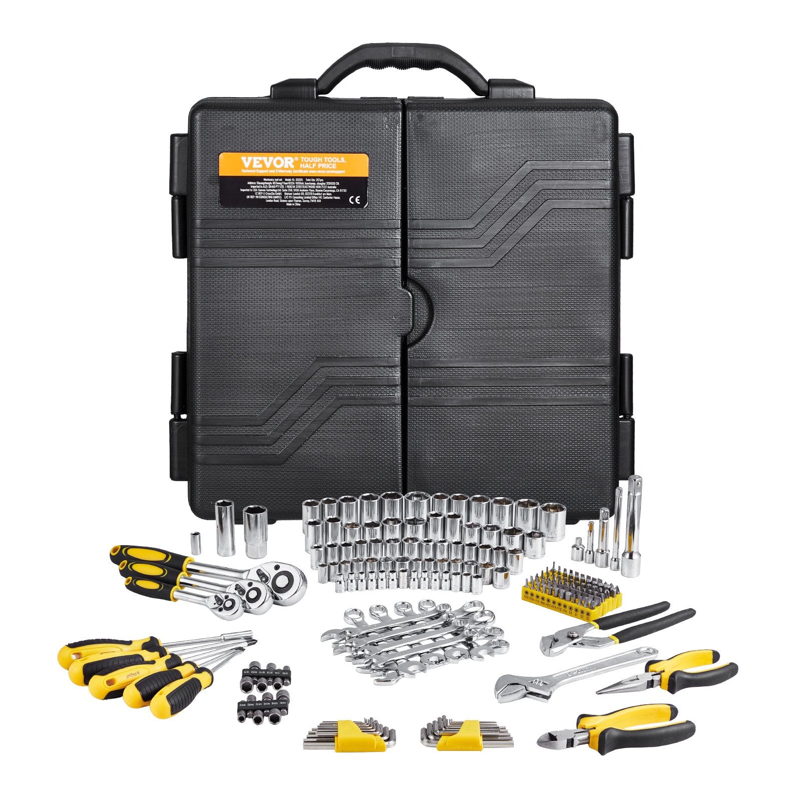 VEVOR 207-Piece Mechanics Tool Set 1/4" 3/8" 1/2" Drive Sockets SAE and Metric
