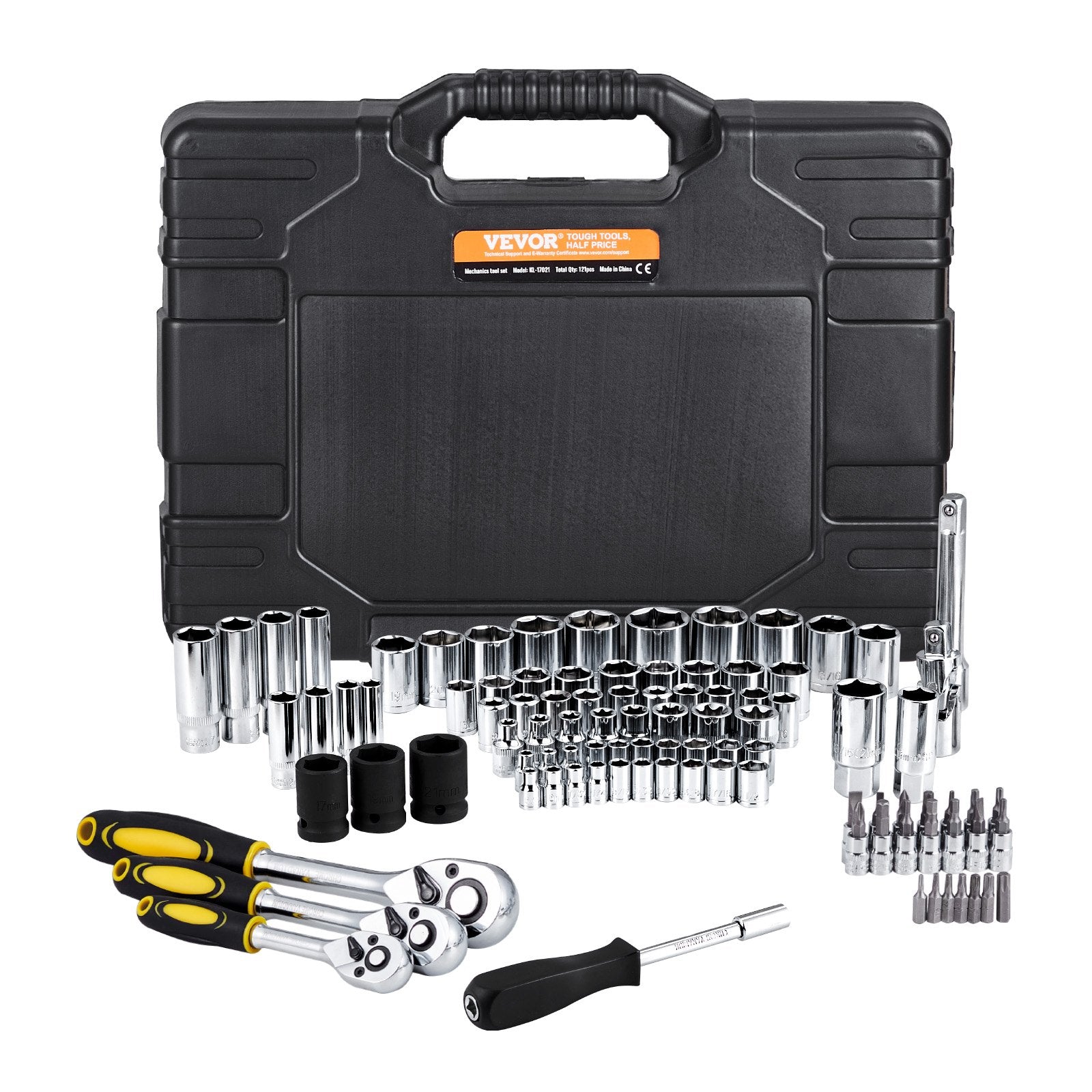 VEVOR 121-Piece Mechanics Tool Set 1/4" 3/8" 1/2" Drive Sockets SAE and Metric