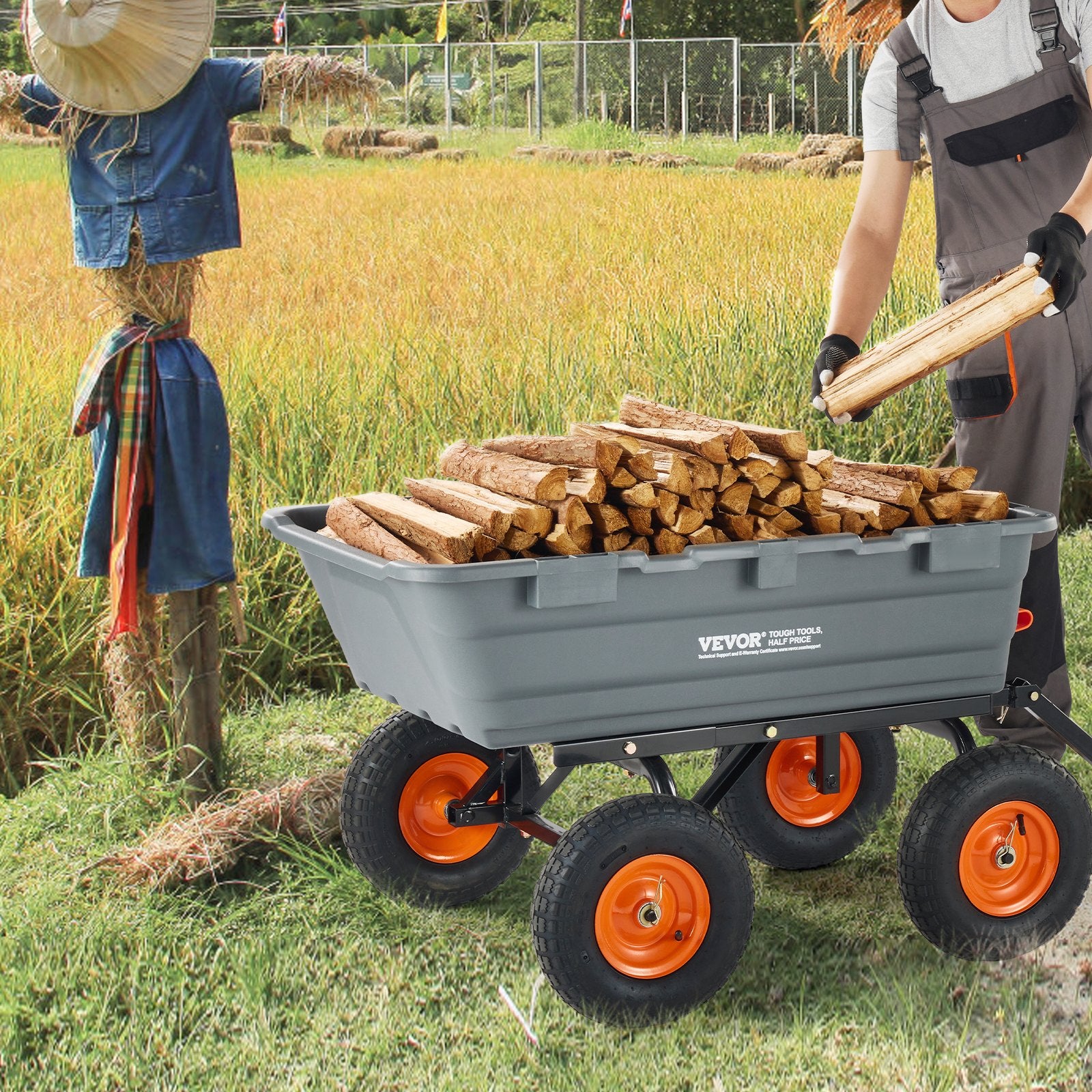 VEVOR Dump Cart, Poly Garden Dump Cart with Easy to Assemble Steel Frame, Dump Wagon with 2-in-1 Convertible Handle, Utility Wheelbarrow  544kg/ 1200lbs Capacity, 33cm/ 13 inch Tires