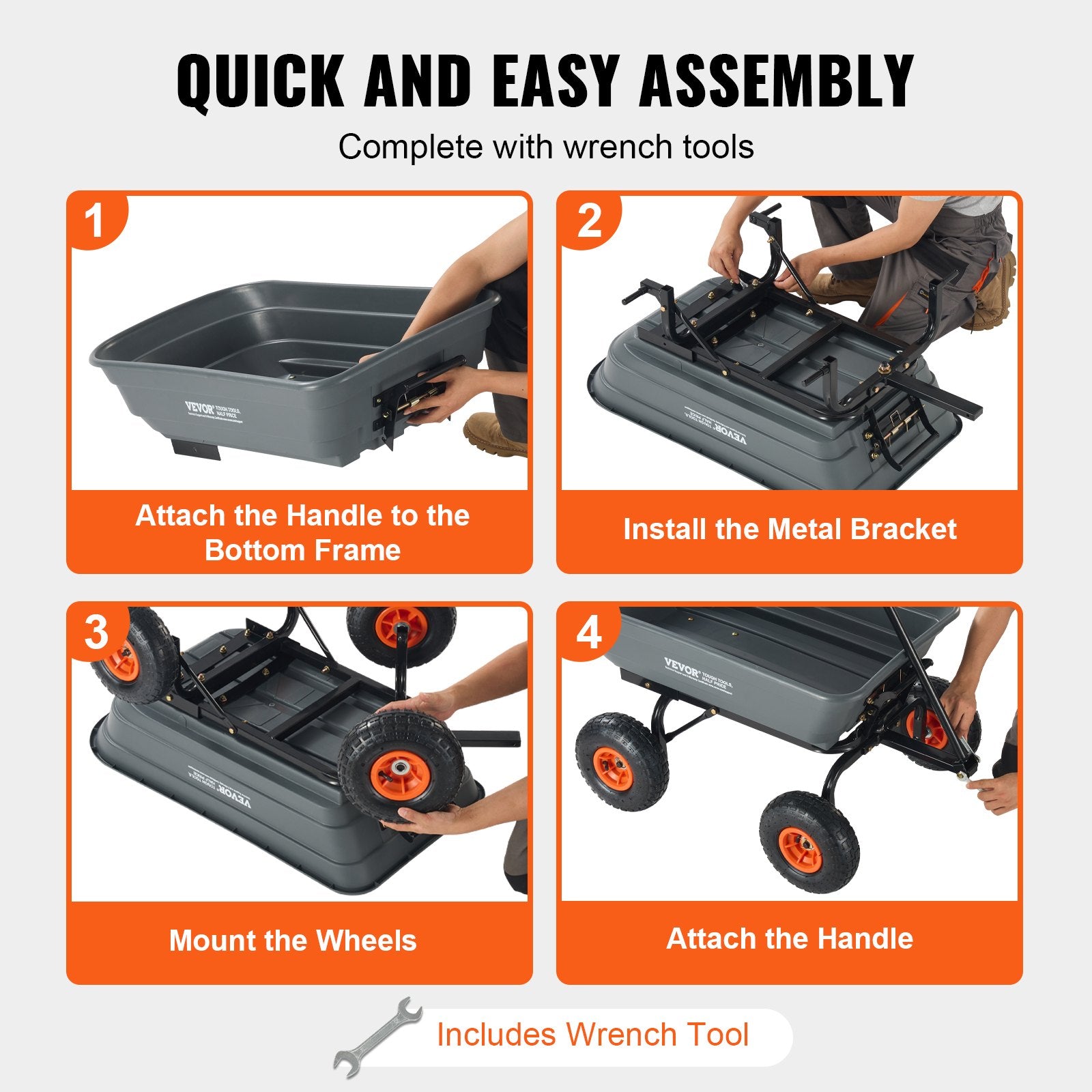 VEVOR Dump Cart, Poly Garden Dump Cart with Easy to Assemble Steel Frame, Dump Wagon with 2-in-1 Convertible Handle, Utility Wheelbarrow 272kg/ 600lbs Capacity, 25.5cm/ 10 inch Tires