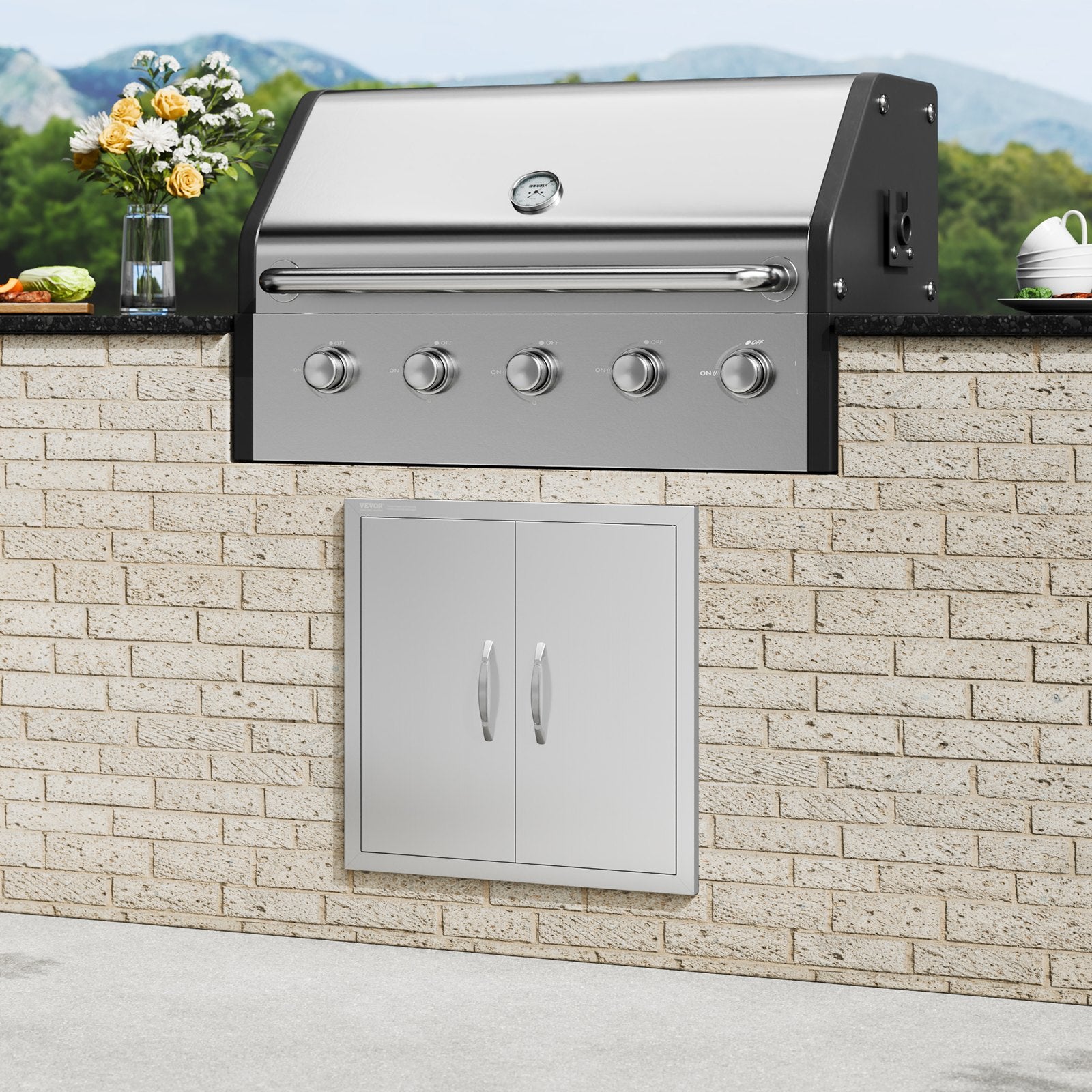 VEVOR BBQ Access Door, 610x610 mm Double Outdoor Kitchen Door, Stainless Steel Flush Mount Door, Double Wall Vertical Door with Handles and Hooks, for BBQ Island, Grilling Station, Outside Cabinet