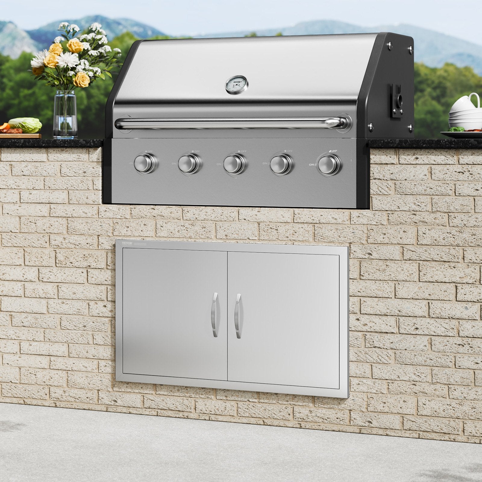 VEVOR BBQ Access Door, 915x533 mm Double Outdoor Kitchen Door, Stainless Steel Flush Mount Door, Wall Vertical Door with Handles, for BBQ Island, Grilling Station, Outside Cabinet