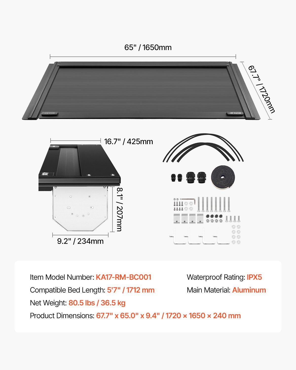 Retractable Tonneau Cover, 5.7 ft Hard Retractable Tonneau Cover with Built-in Drainage Pipe for 2009-2024 Dodge Ram 1500 Crew Cab, Customized Hard Tonneau Cover with Double-Lock & T-Slot