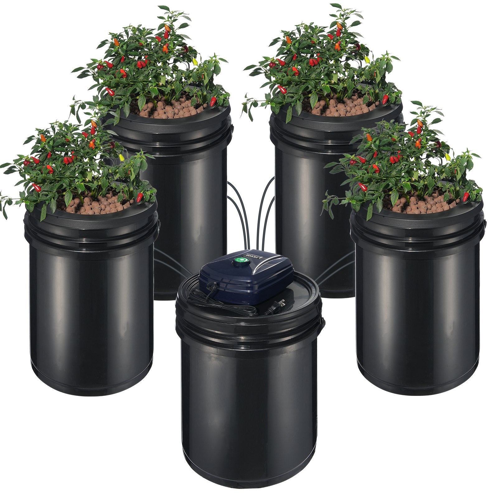 VEVOR RDWC Hydroponics Grow System, Hydroponic Growing Kit with Top Drip, Recirculating Deep Water Culture 4 Buckles and 1 Reservoir, with Air Pump and Water Level Device for Leafy Vegetables